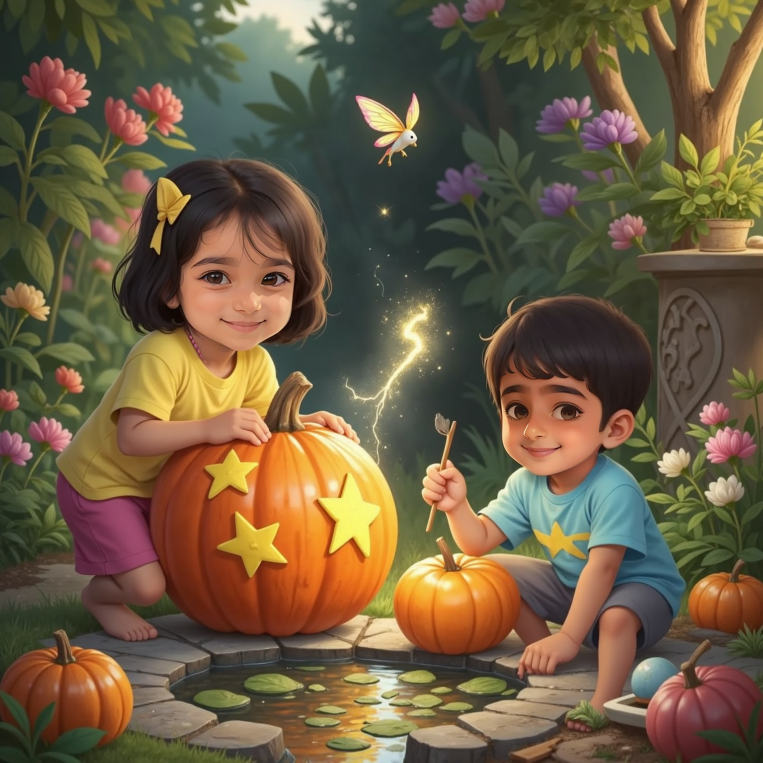Beside a garden fountain under soft evening light, Sara paints bold stars on the cleaned pumpkin while Kiaan adds zigzag lightning bolts, and a tiny forest sprite with glowing wings hovers overhead, swirling glitter that sparkles in the twilight air.