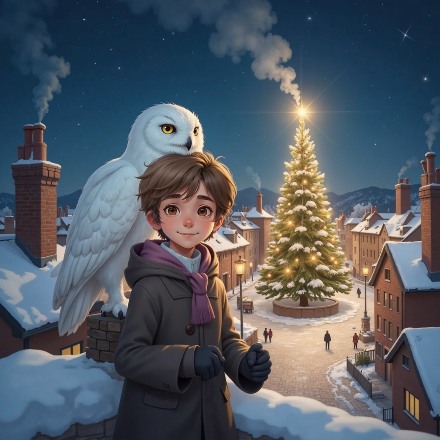 Back on the rooftop at midnight, Арсений and a large white polar owl with amber eyes watch the distant square where the tree’s crown star re-ignites, bathing the streets in festive gold. The boy exhales, cheeks relaxed in quiet victory.