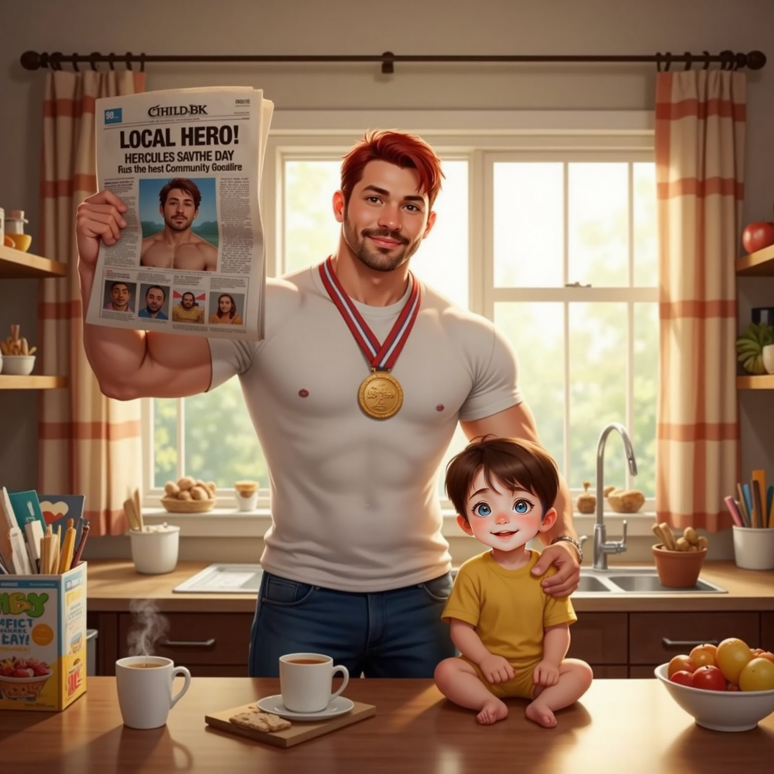 Morning sunlight streams through a cozy kitchen, illuminating Hercules holding a newspaper with his photo and shining medal. Seated on the counter, John Jr laughs as Hercules hugs him, cereal boxes and a steaming mug nearby.