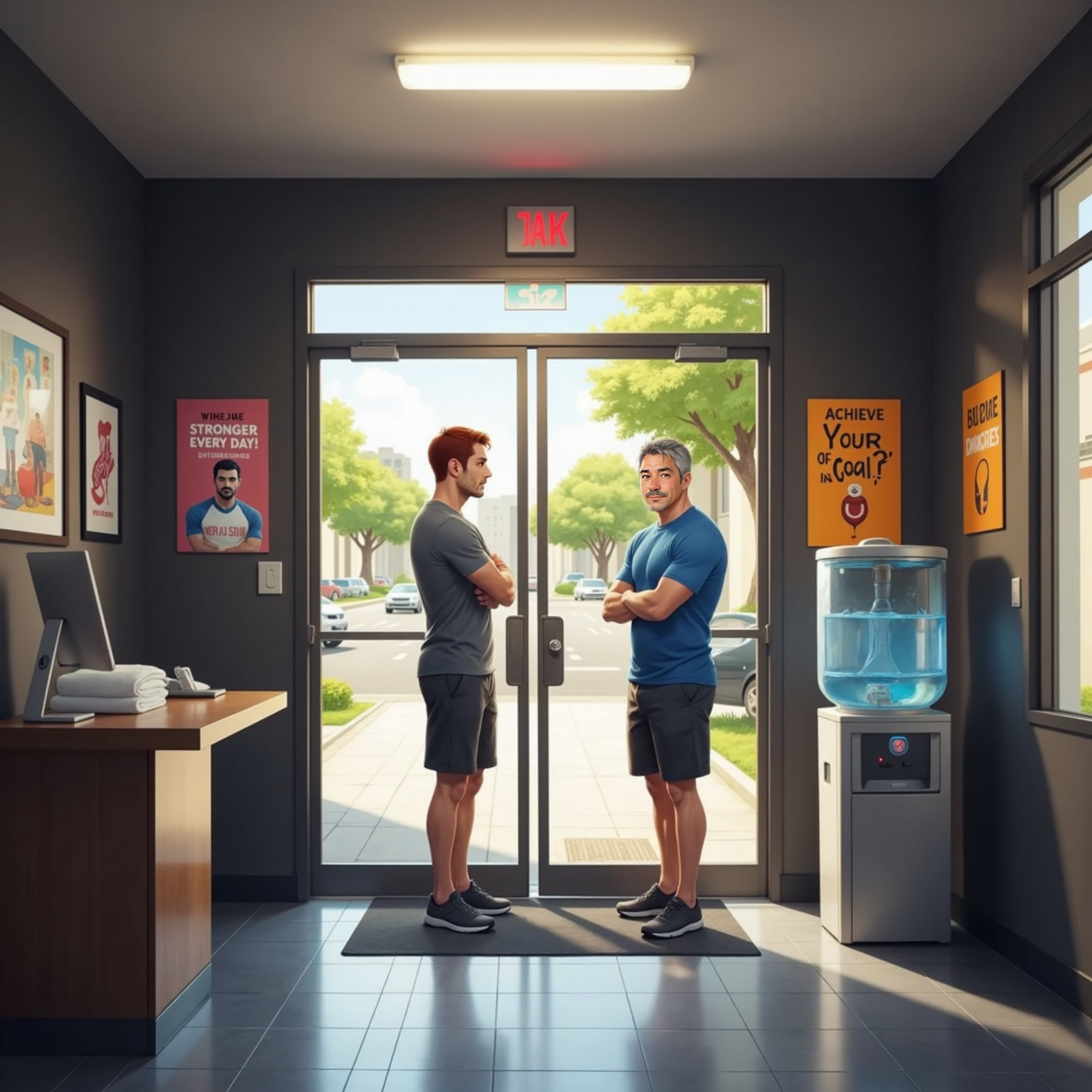 Inside the gym foyer on a bright afternoon, Gym Manager stands blocking the doorway, looking regretful. Hercules, by the entrance mat, frowns and pleads, hands slightly raised, fluorescent lights reflecting off workout posters behind them.