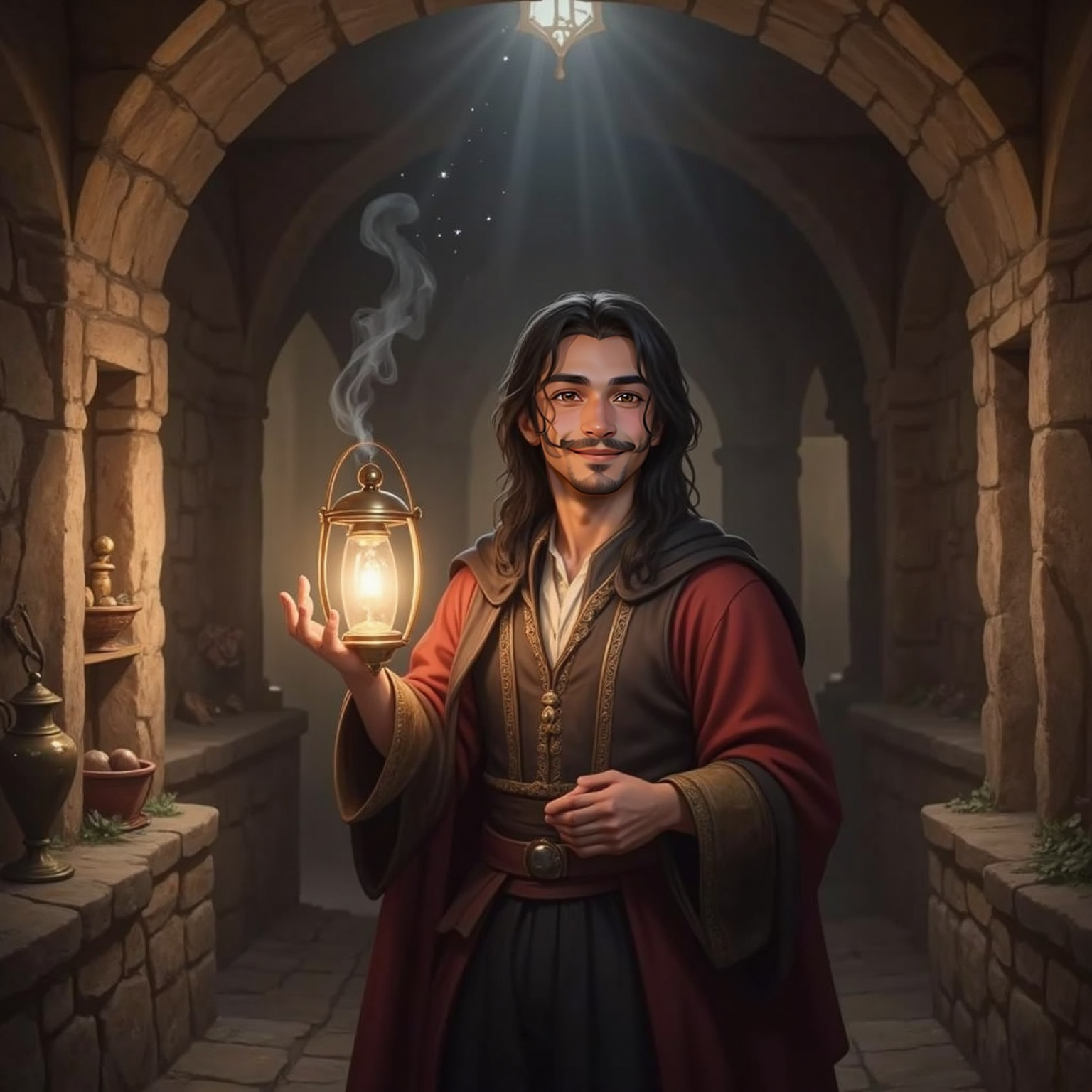 Inside a dim chamber, the shadow lantern in Aran’s outstretched hand flares, scattering moving star patterns across stone walls while Arix sings with parted lips and blows toward a small smoky cloud before them.