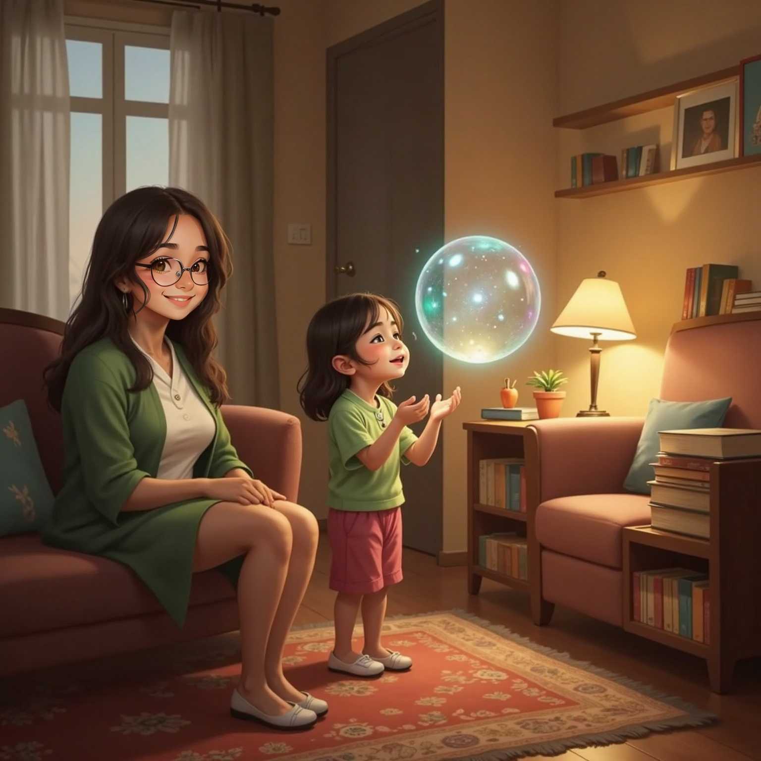 Soft lamplight glows in the same room as a shimmering soap-like Bolha de Calma hovers above Lili’s open palms; she exhales peacefully, knees slightly bent, while Mamãe Clara watches from the sofa, relaxed and proud.