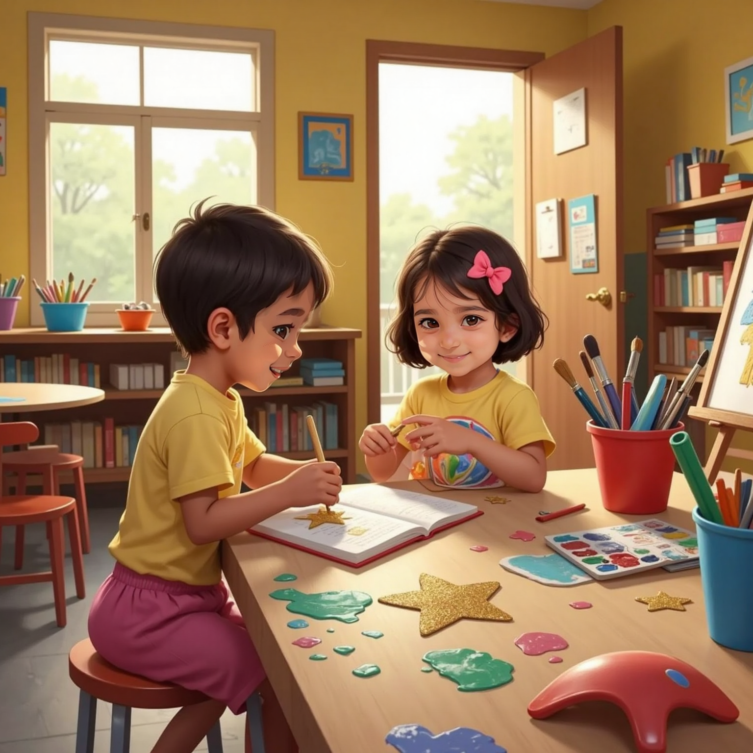 Inside the bright Art Room lit by afternoon sun through tall windows, Vidyut, brush poised, paints colorful masks on a splattered table while Sara sketches a gold star in her notebook beside glimmering star-shaped smudges that lead to the doorway.
