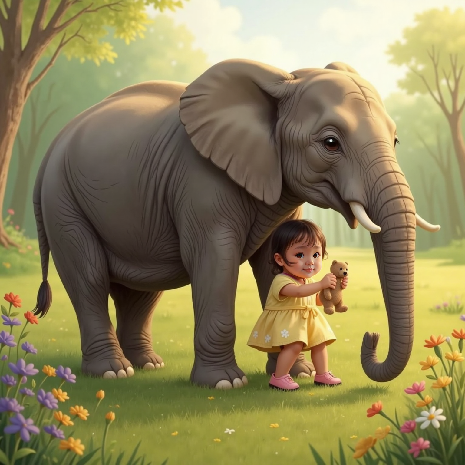 In the sunlit meadow afternoon, beside wildflowers, a large grey elephant with kind eyes kneels gently. Amara hugs the elephant's ear, climbing up with a delighted smile, their shadows stretching softly across the grass.