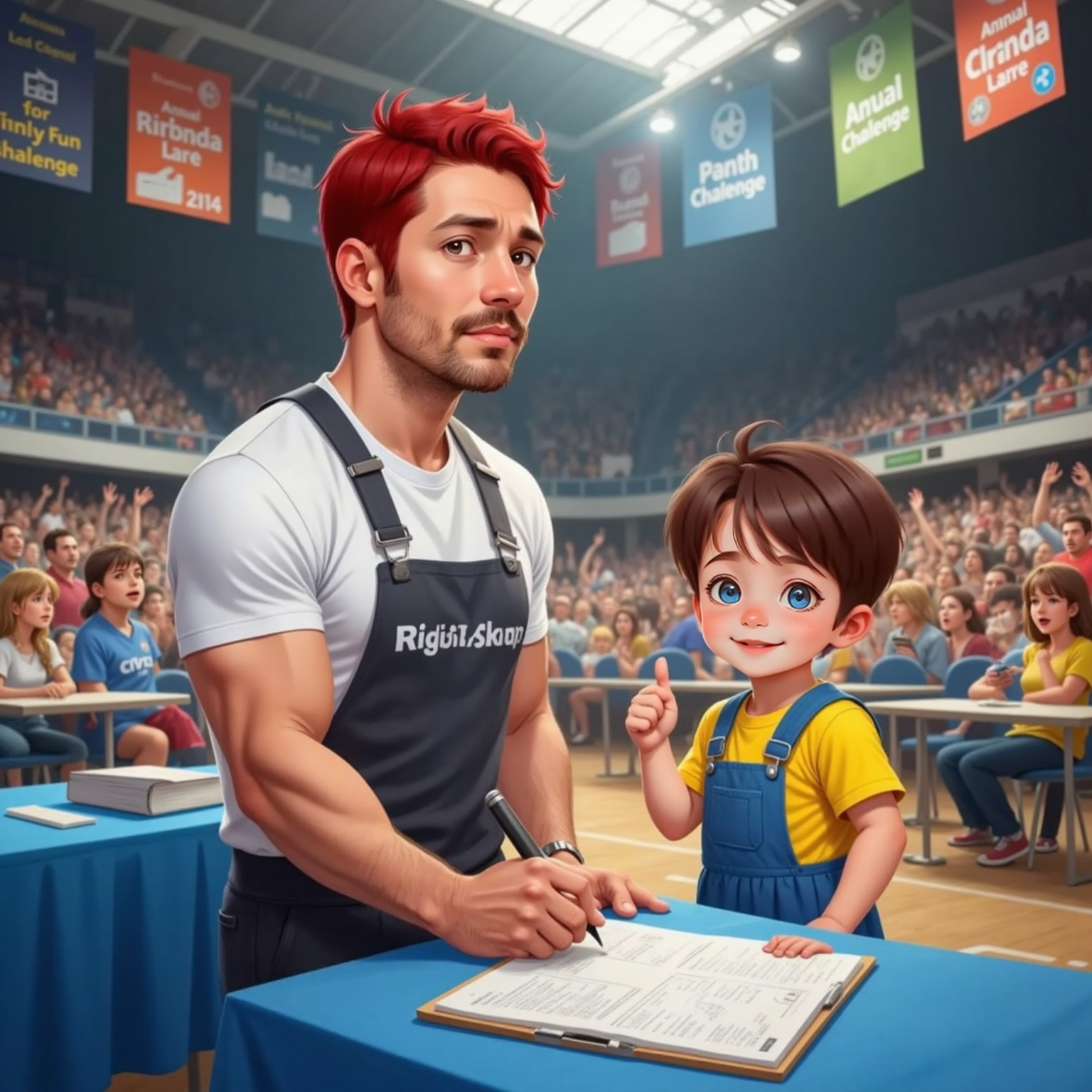 In a bustling indoor arena lit by midday spotlights, Hercules stands at the registration table, pen poised, uncertain expression. John Jr, beside him, gives a confident thumbs-up, while colorful competition banners flutter above excited spectators in bleachers.