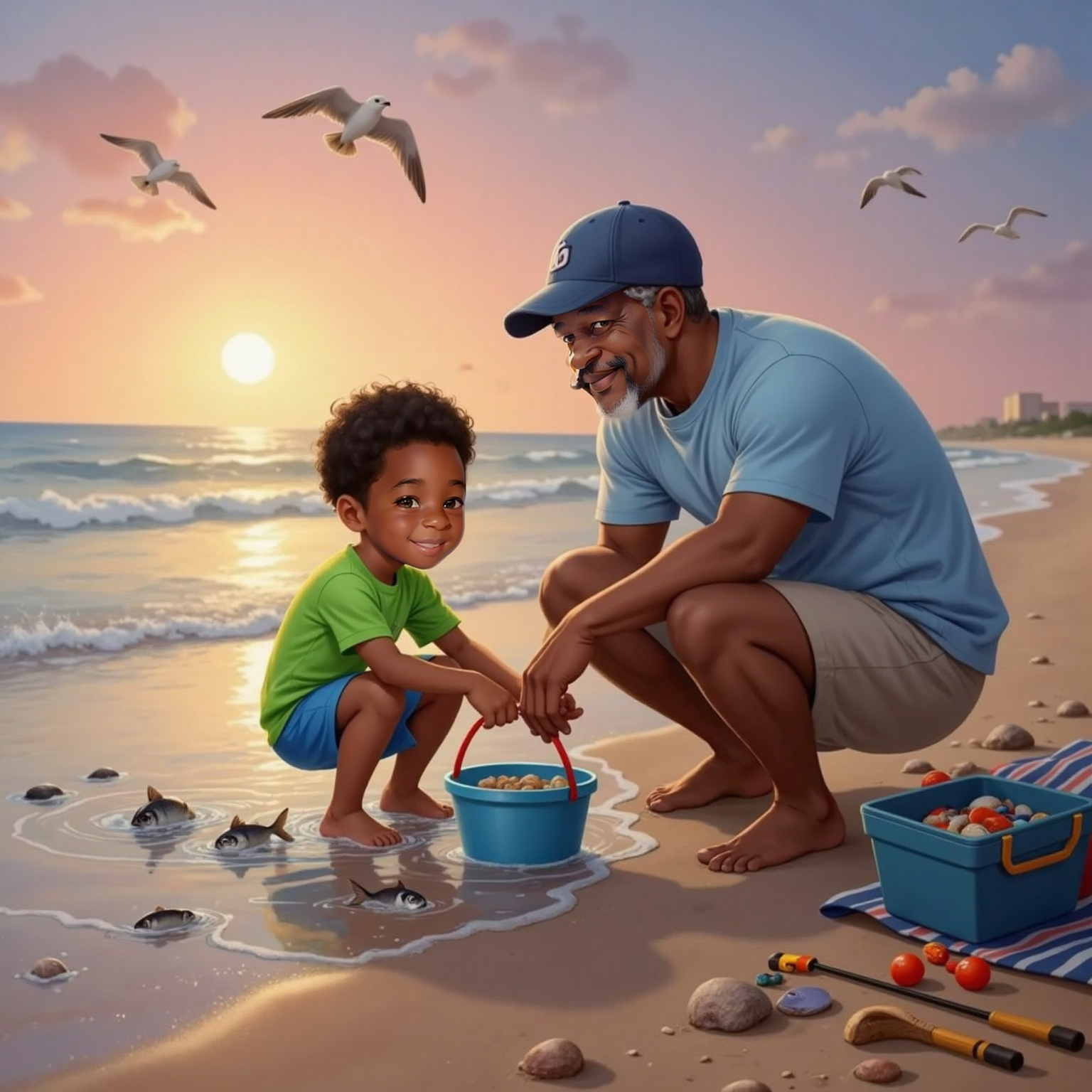 Under a pink-and-gold sunset at the water’s edge, Amias tips the bucket, watching the shiny fish swim free. Poppi crouches beside him, hand on his shoulder, fishing gear packed nearby.