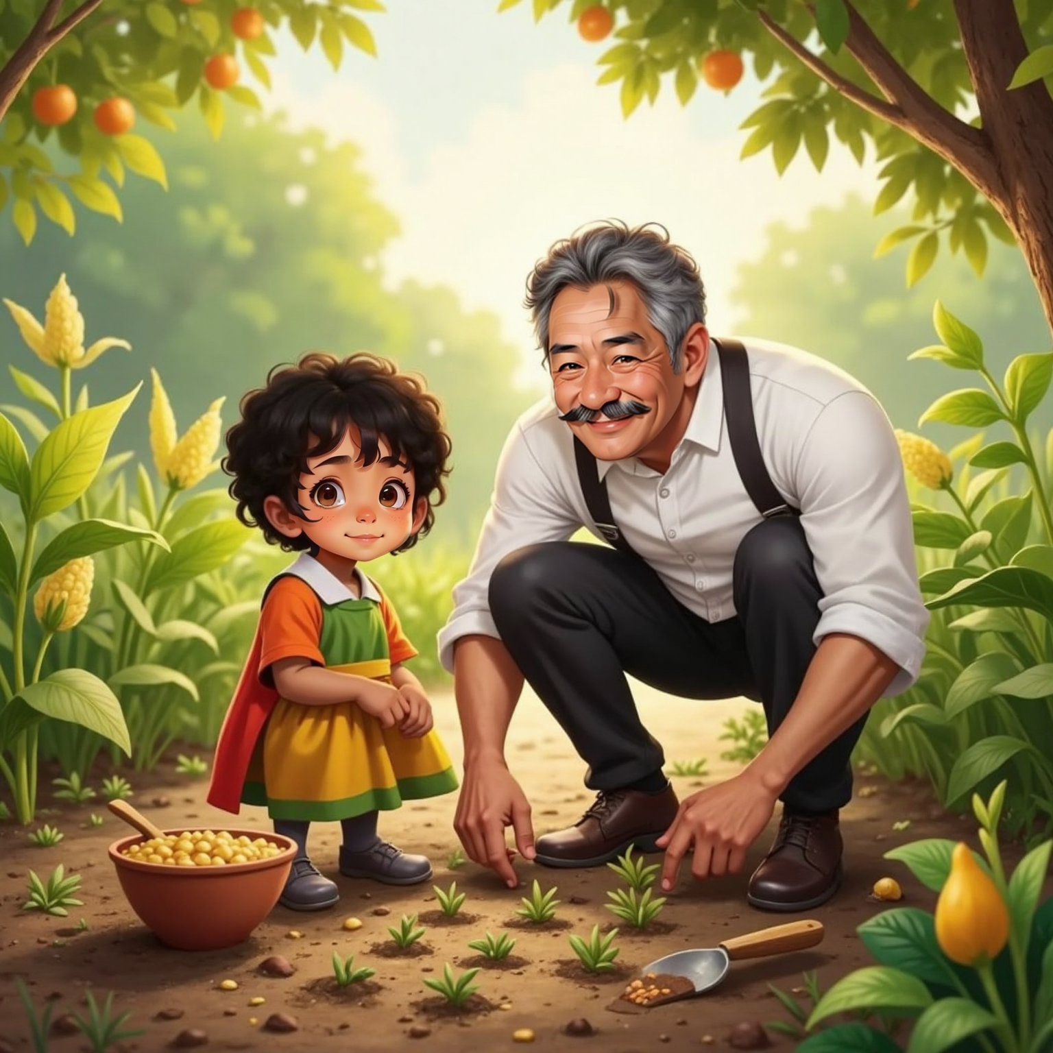 In the sunlit backyard garden, Chef Ricardo and Mila kneel in rich soil, carefully pressing corn, bean, and squash seeds into tidy rows. Nearby, a clay seed bowl and small trowel catch the light as young leaves flutter.
