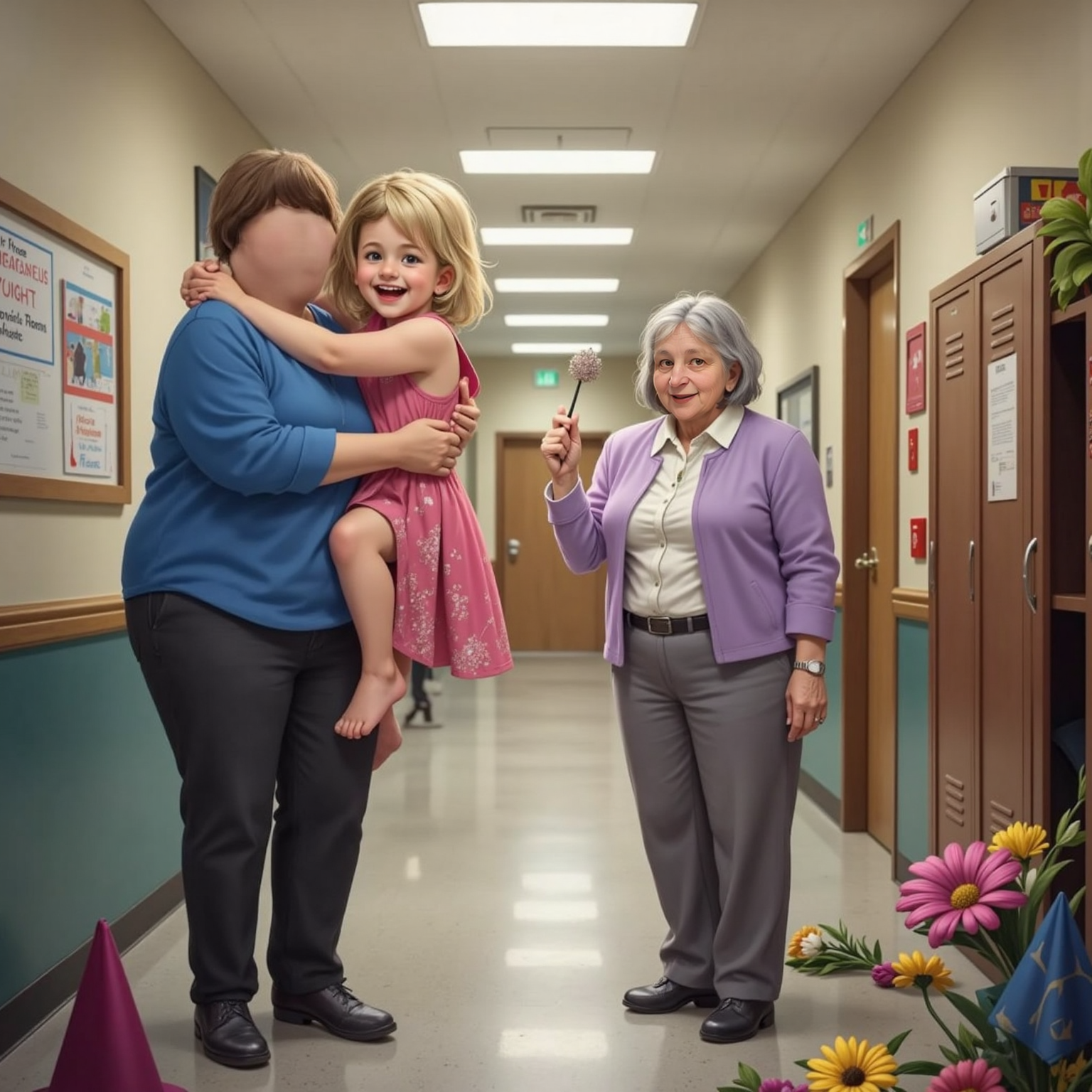 School hallway outside the auditorium under fluorescent lights; Thea grins within a stacked hug as Mommy lifts her slightly, and Grandma counts talents on raised fingers beside scattered bouquets and props.