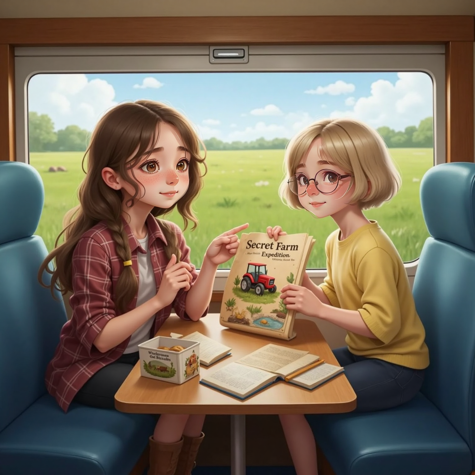 Inside the daytime train carriage, Elsie laughs while showing Nora a hand-drawn map with a tiny tractor. Nora, cheeks lifted in a grin, offers a tin of oat biscuits beside the window where green fields blur past.