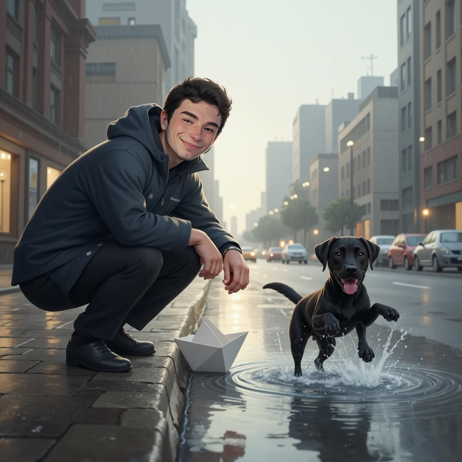 On a rain-soaked city sidewalk under gray afternoon skies, Ollie crouches releasing a paper boat into a flowing gutter stream, smiling broadly. A few steps ahead, Otto leaps mid-splash into a puddle, water droplets frozen around him.