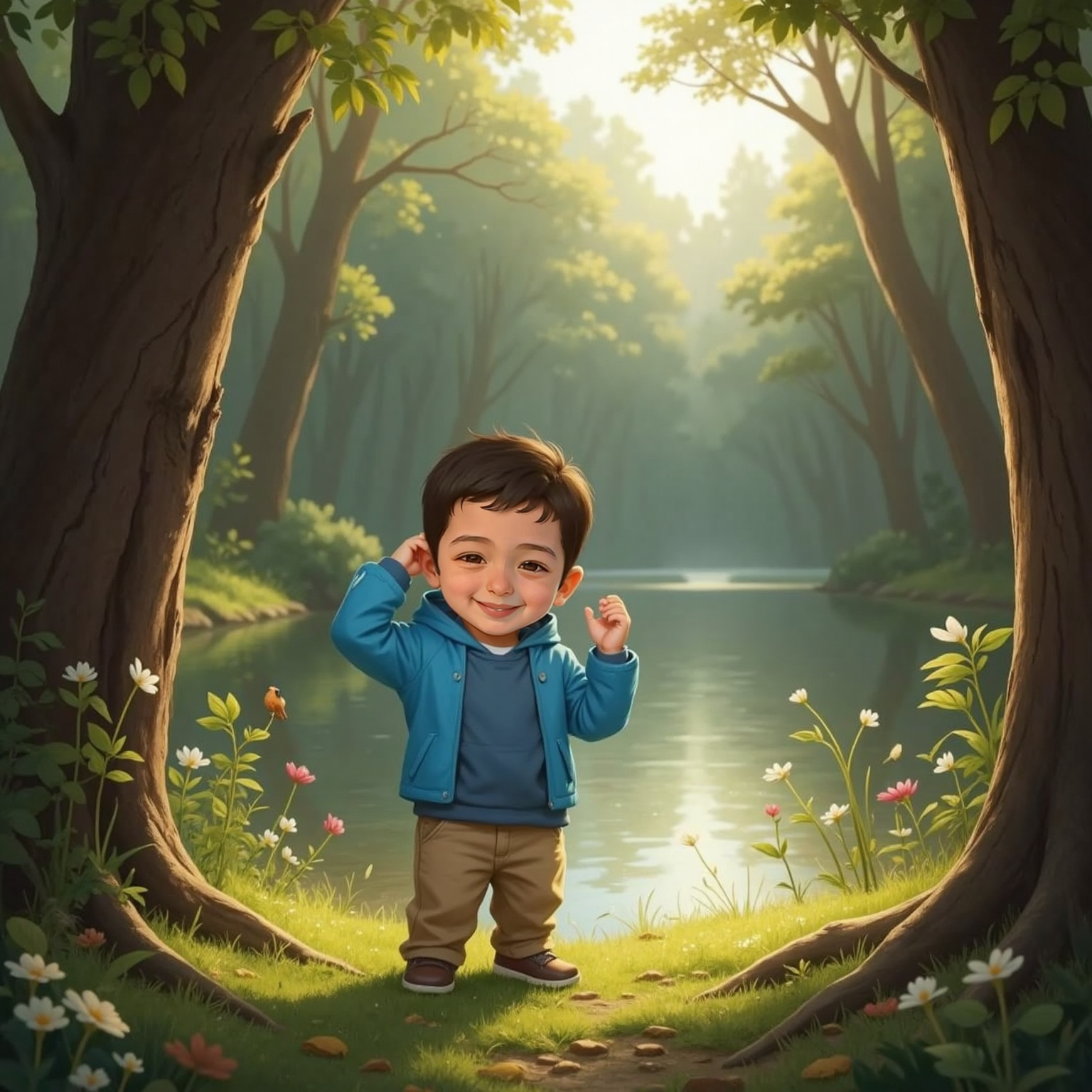 Forest edge near the lake, late afternoon light filtering through trees. Arlind stands alert with hand cupped to ear, eyes wide toward shadowy trunks.