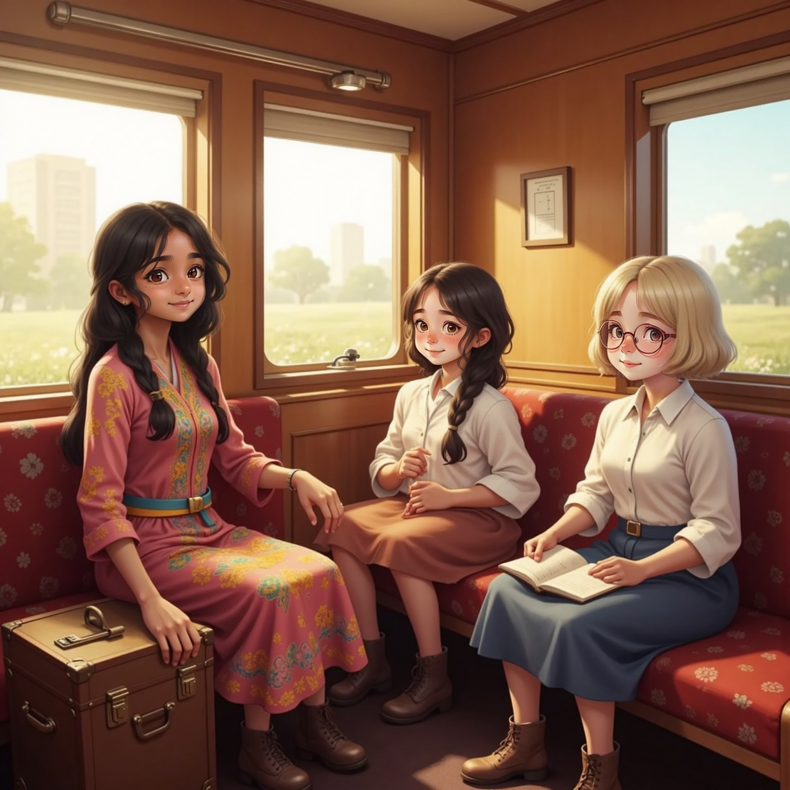 Still in the bright carriage, Asha with a vivid braid balances her suitcase beside the seat, smiling hopefully. Elsie slides aside, and Nora gestures warmly, their faces welcoming under afternoon light streaking through the window.