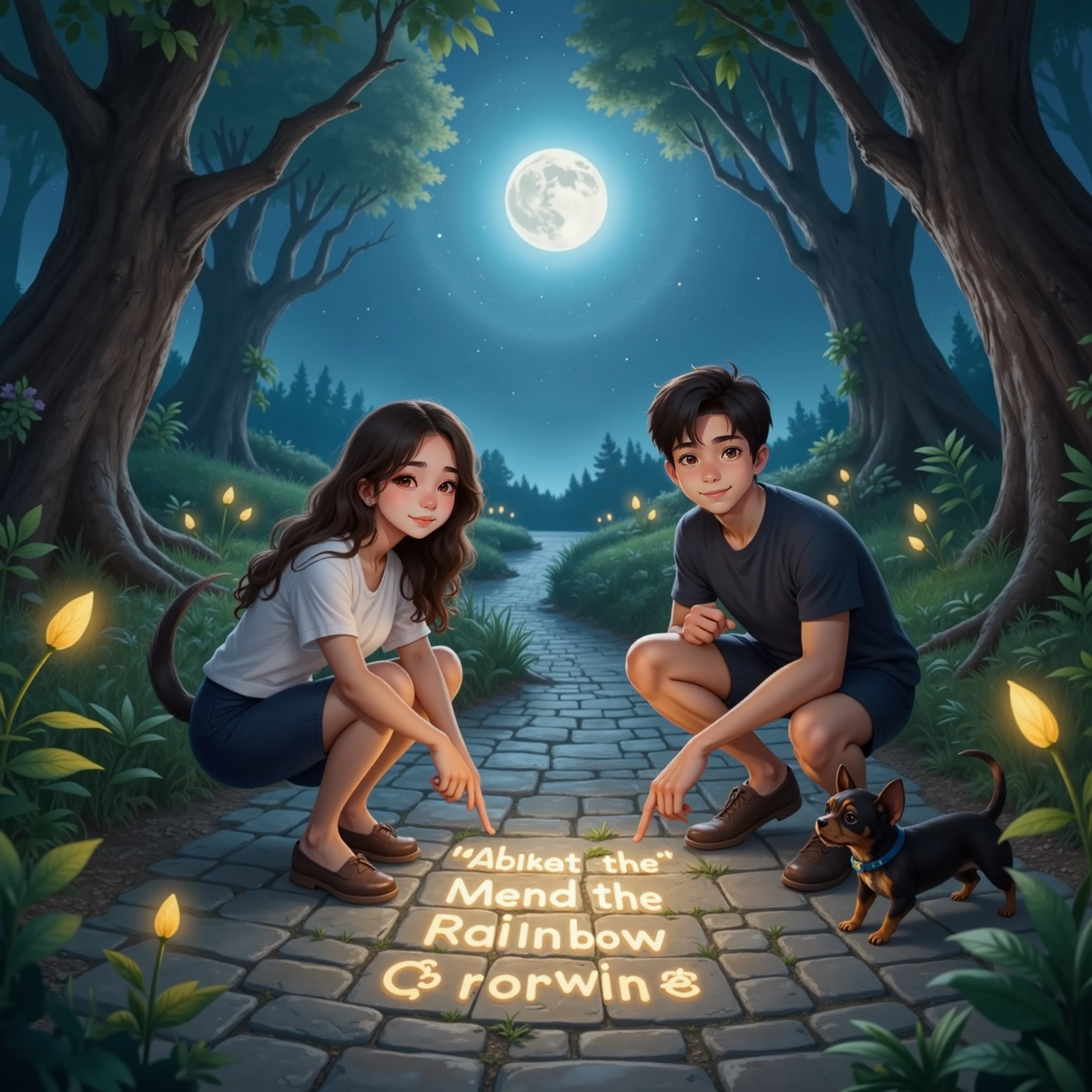 Outdoor moonlit path, its stones displaying glowing sentences. Isabelita kneels to read "Mend the Rainbow Crown," while Agus points excitedly; beside them Bonnie wags, nose inches from luminous letters.