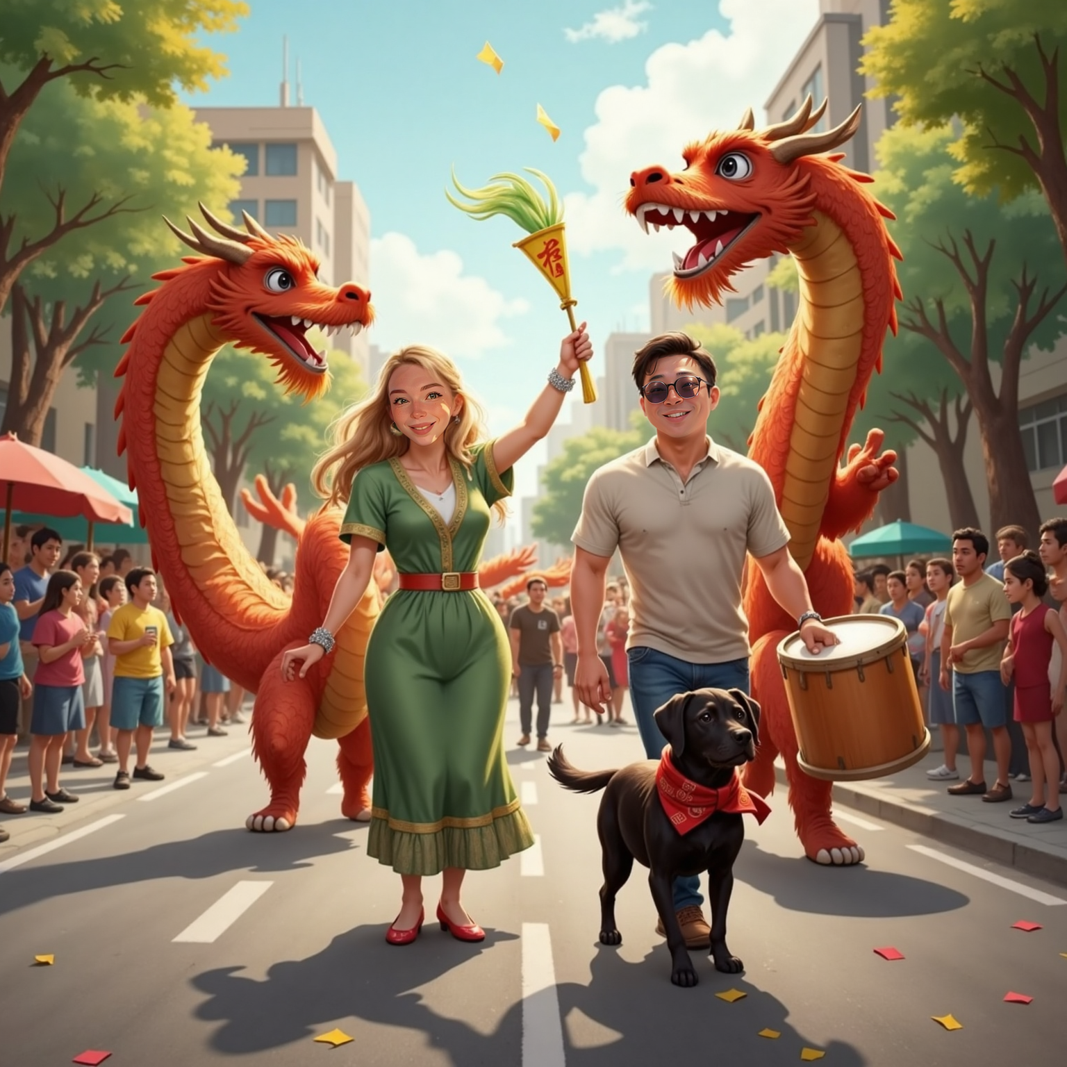 Amid the vibrant daytime dragon parade on a bustling avenue, Lauren raises her sparkling jade bracelet while grinning, Jack waves a colorful dragon flag, and Otto trots beside them in a tiny red scarf, drums and costumes swirling behind.