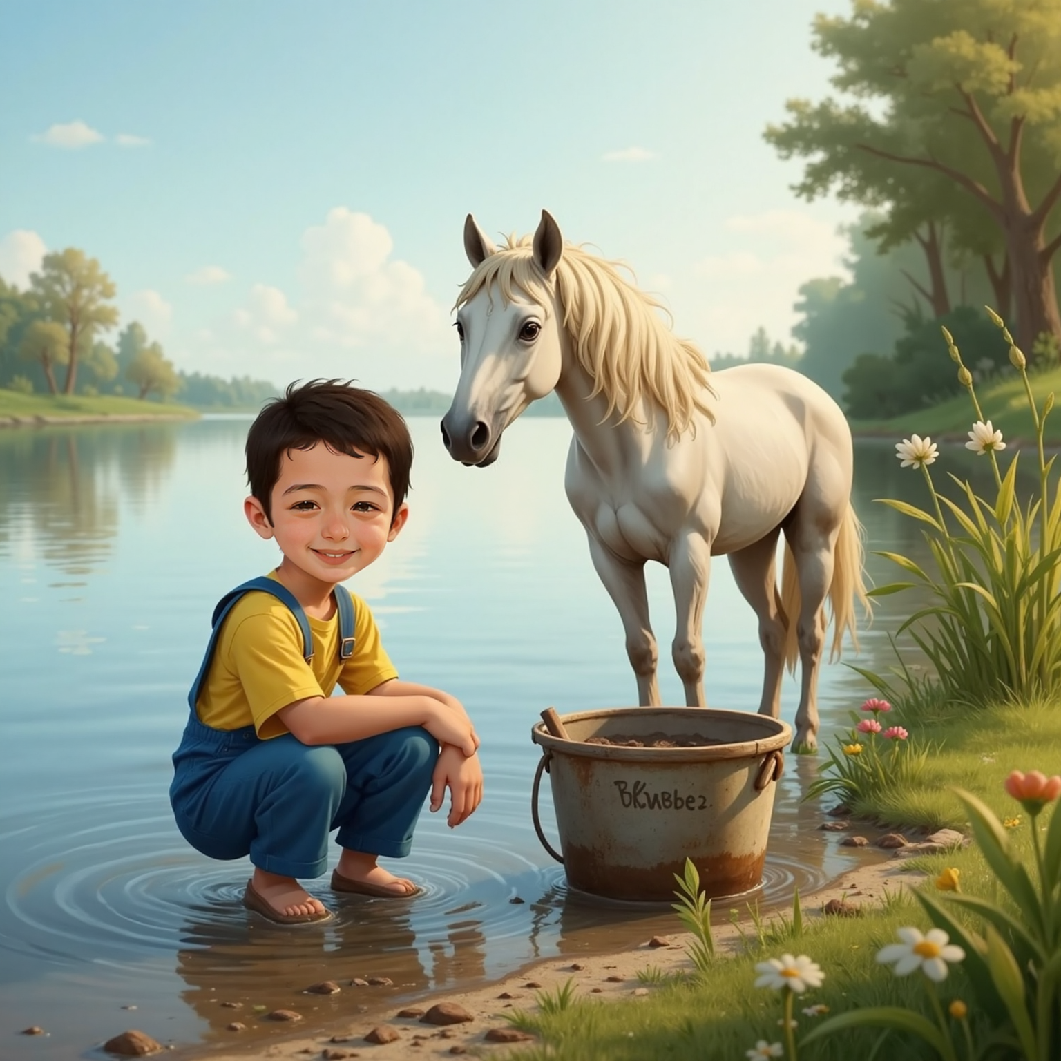 Marshy lakeshore under soft sunlight. Skrepi’s metal bucket scoops mud delicately beside Kali i bardh, while Arlind kneels nearby offering calm smile.