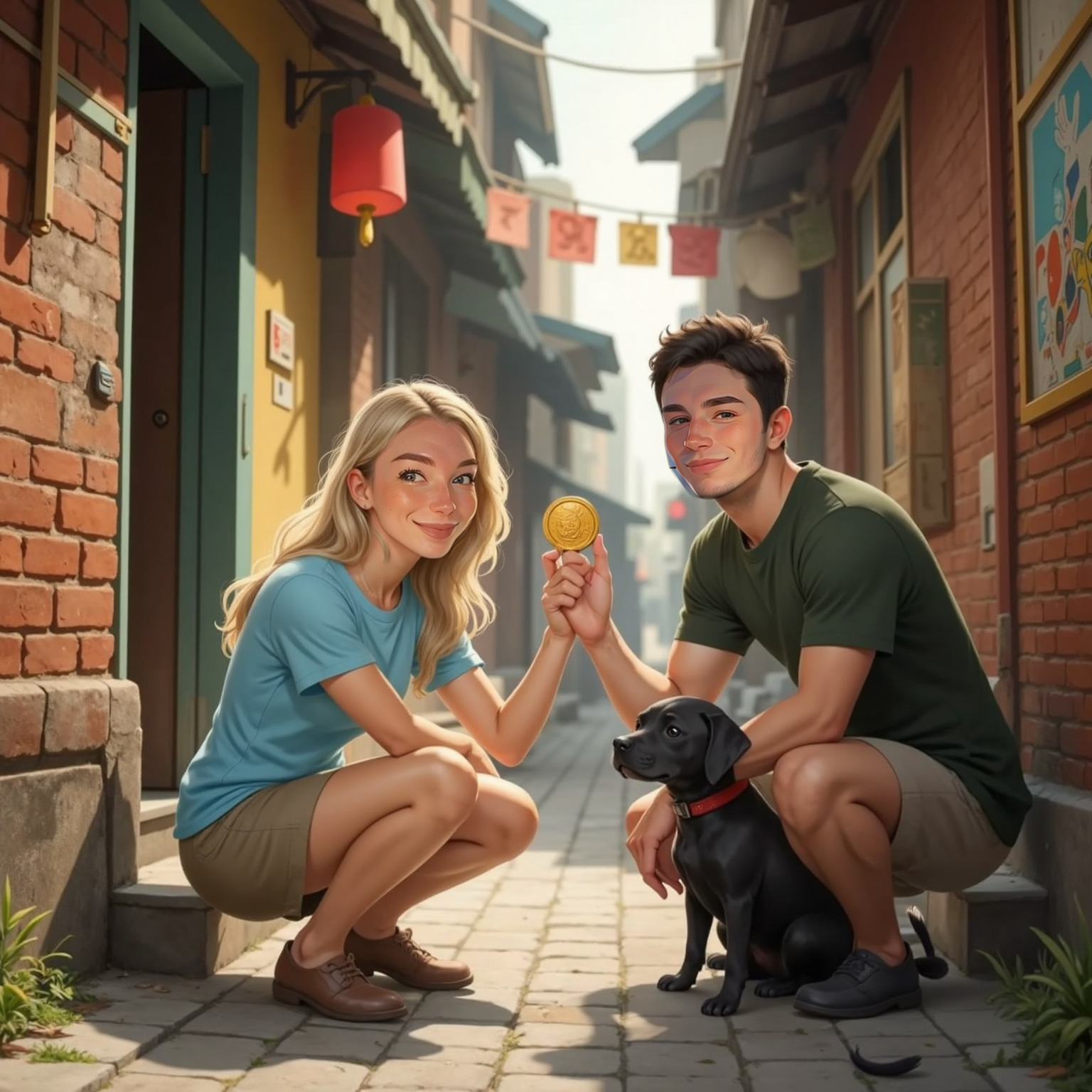 Inside a narrow Hong Kong alley lit by slanting afternoon light, Lauren crouches, holding up a shiny dragon-stamped gold coin with a delighted grin. Nearby, Ollie kneels studying the coin, while Otto sits wagging his tail proudly beside them.