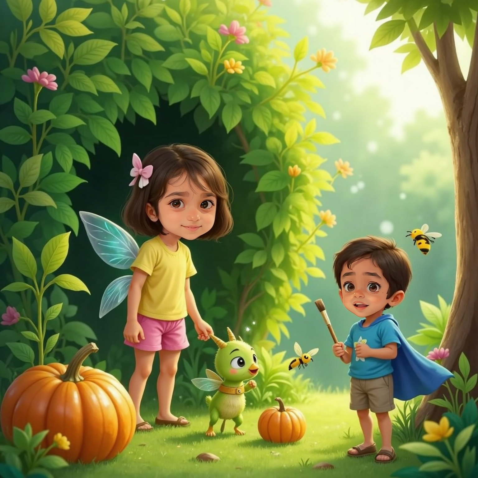 Behind a leafy garden bush under bright daylight, Sara freezes as a small forest sprite holding a sparkly wand pops up giggling, a paintbrush in her other hand; Vidyut, wide-eyed, clutches his cape beside the rolling pumpkin.