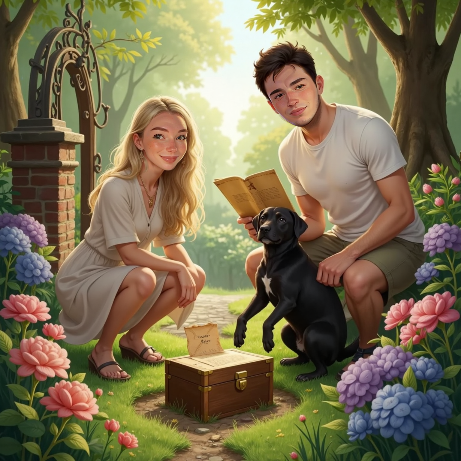 Inside a secluded garden beyond an ornate moon gate under soft afternoon light, Otto paws at the soil, half-unearthed wooden box visible. Nearby, Lauren kneels watching with amazed smile while Ollie holds the unfolded treasure map, vibrant flowers surrounding them.