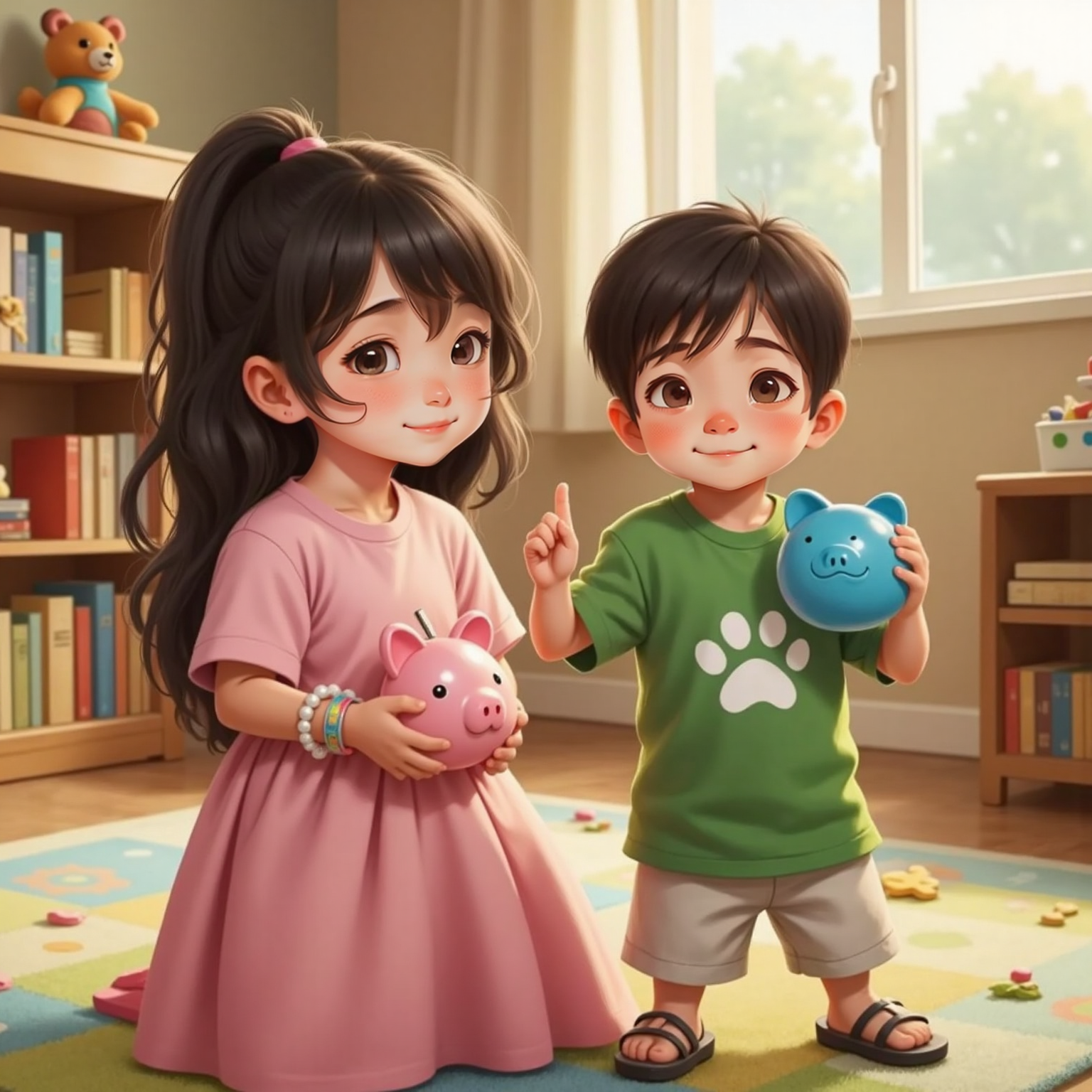 Aya holding a pink piggy bank, Dino holding a blue piggy bank, smiling together.