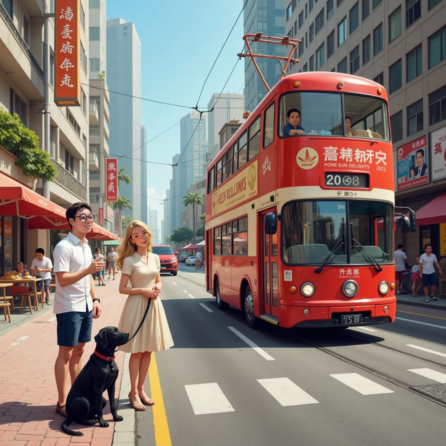 On a bustling Hong Kong street under bright midday sun, Jack stands on the sidewalk pointing at a passing double-decker tram; Lauren beside him gazes upward wide-eyed, while Otto barks excitedly at the tram, leash taut.