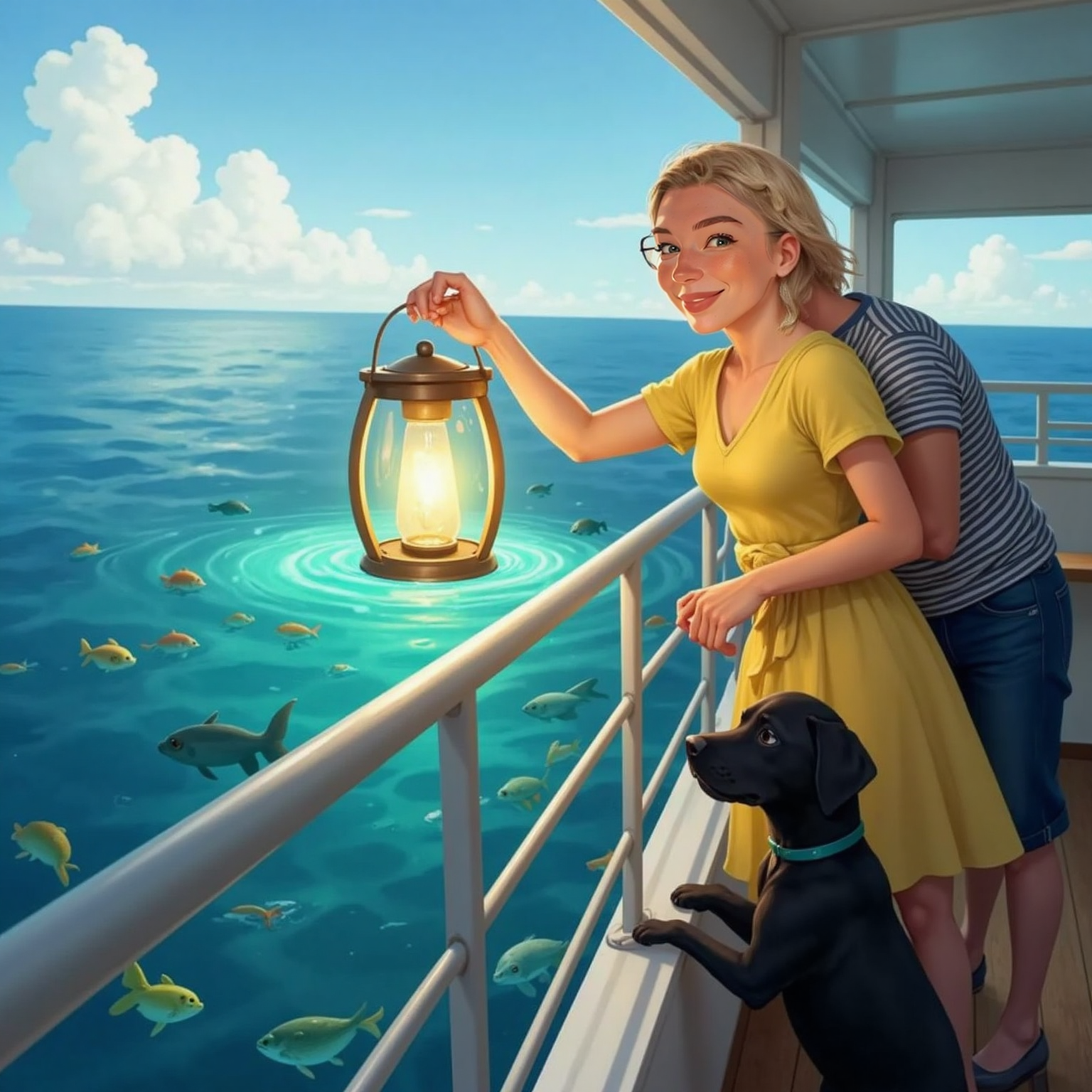 Still on the ferry's railing during sunny midday, Lauren extends the rainbow-lit lantern over the water, its light revealing schools of luminescent fish below. Jack leans beside her, eyes wide, while Otto balances with paws on the rail, tail wagging.