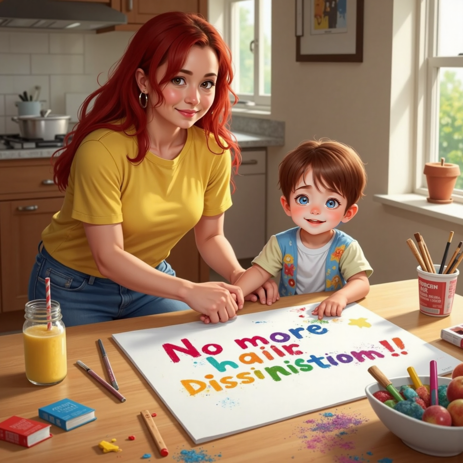 At a kitchen table bathed in afternoon sunlight, Ariel and John Jr paint a large poster reading "No more hair discrimination!"; bright markers, spilled glitter, and cardboard sheets scatter around them as they grin at their progress.