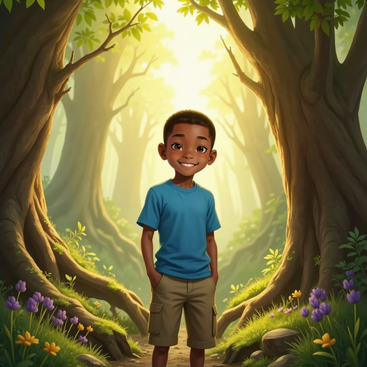 Morning sunlight filters through tall forest trees; Kylie-Joshua stands in a leafy glade, smiling bravely toward unseen whispering branches that shimmer on the breeze.