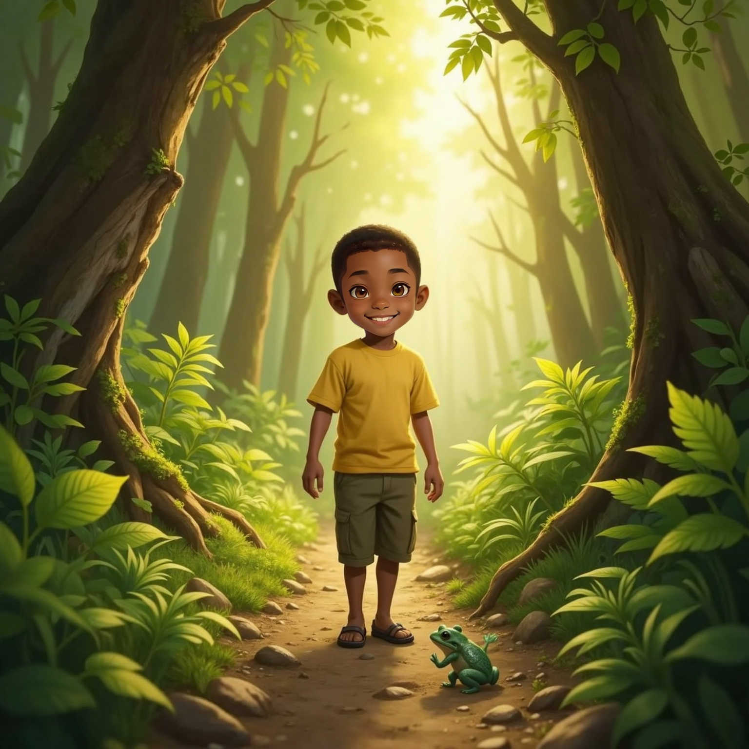 Under glowing ferns on a sun-dappled forest corridor, the sparkling frog hops ahead while Kylie-Joshua follows, eyes wide, as golden sunlight dusts the humming trees around the hidden path.