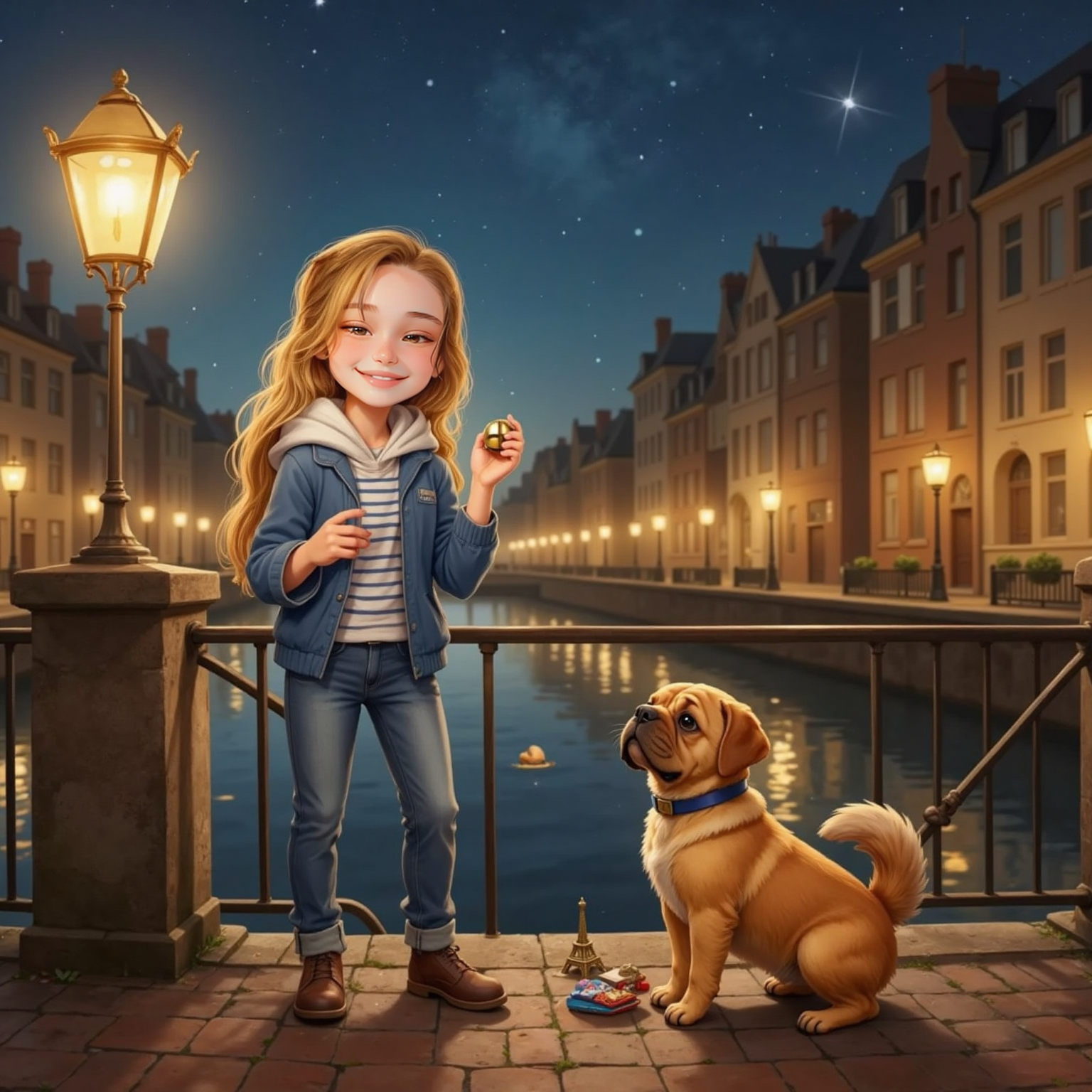 Night along the canal, golden streetlamps scatter starry reflections on the water; Gyovanna stands on a bridge railing ringing a bicycle bell with one hand, Paçoca beside her like a "comet", both smiling over a small bag of souvenirs.
