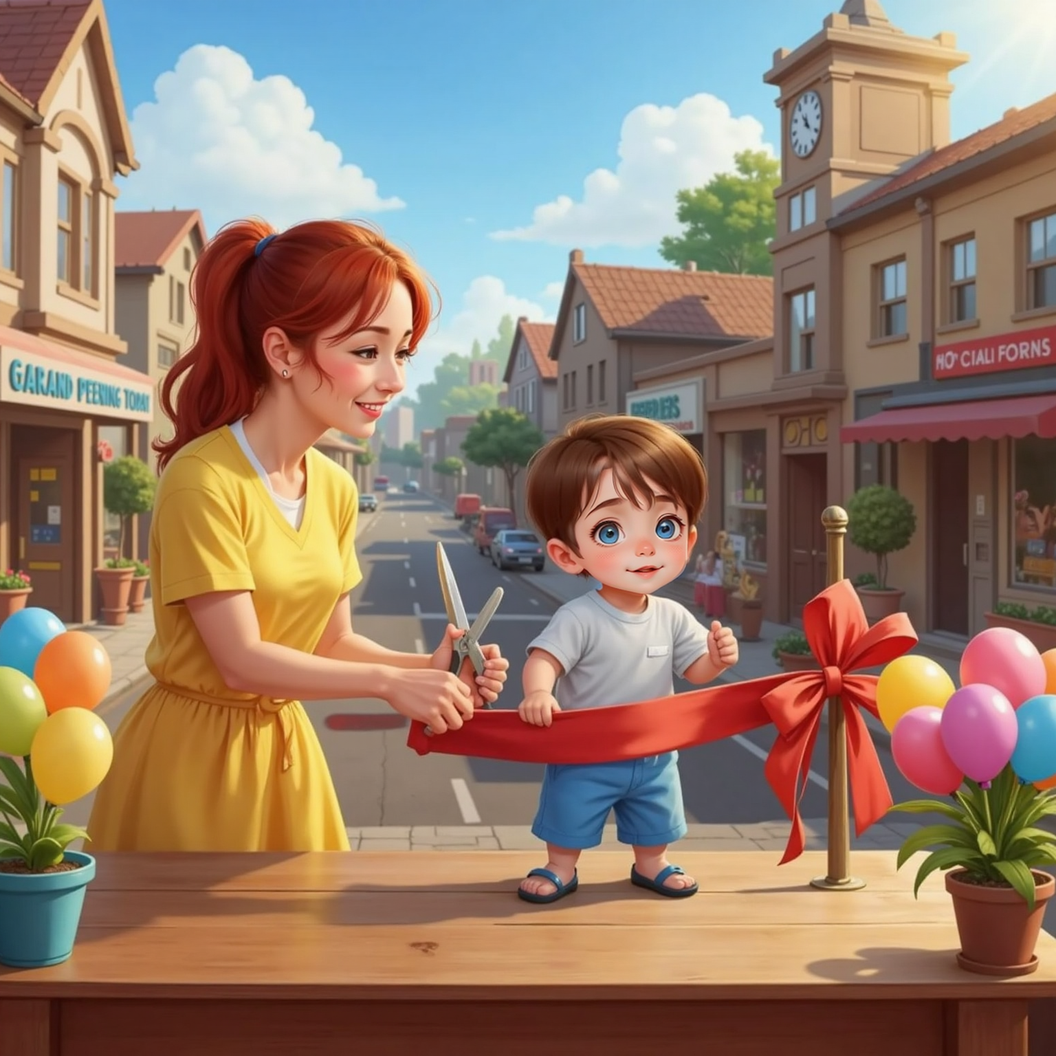 On the town-square stage during a clear morning, John Jr practices snipping a giant red ribbon with ceremonial scissors, tongue peeking in concentration; nearby, Ariel ties clusters of multicolored balloons to the railing, smiling proudly at the preparations.