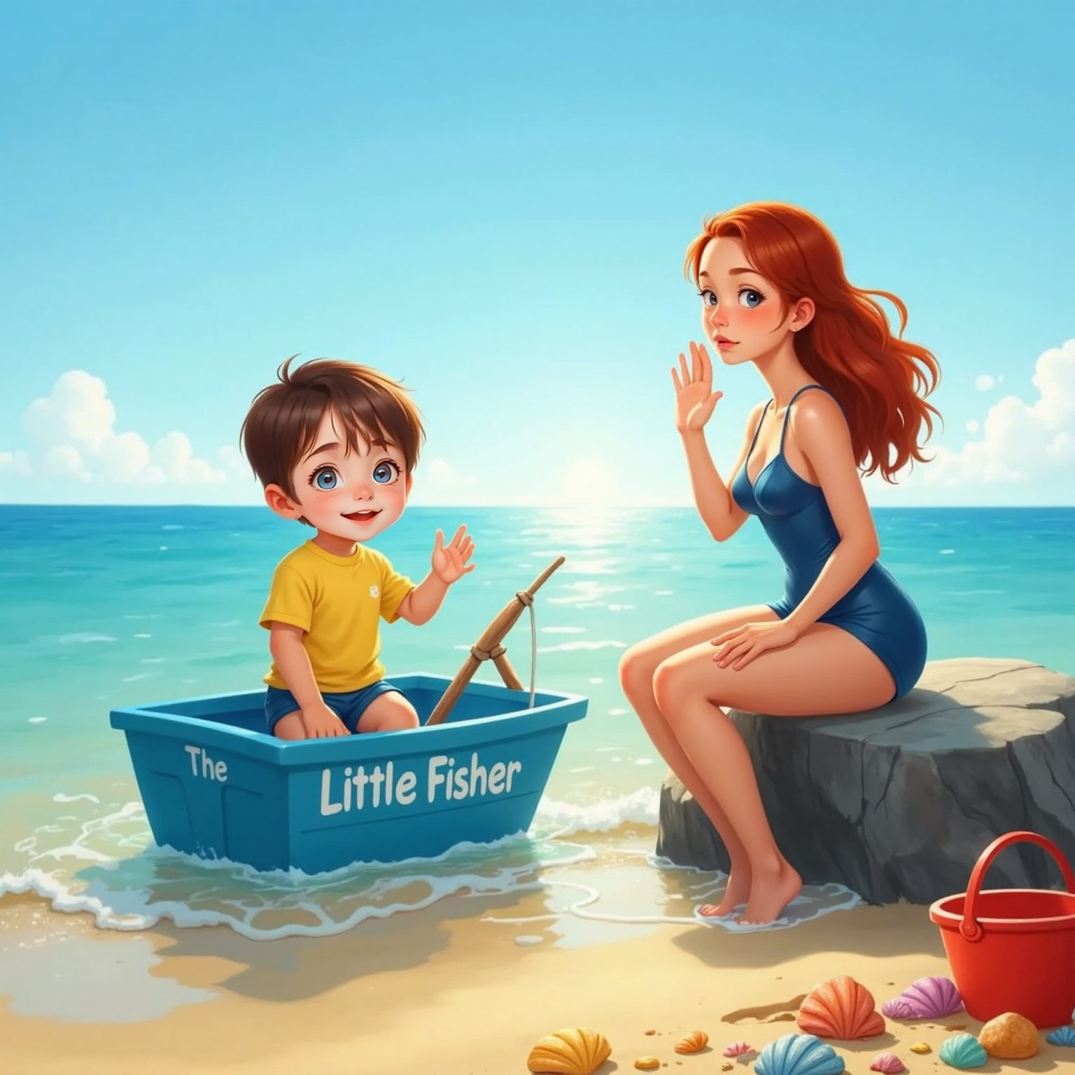 Near the sunny shore, John Jr stands in a small wooden boat clutching a tiny fishing rod, giggling and waving as Ariel, smiling shyly on her rock, lifts a hand in return amid shimmering ripples.