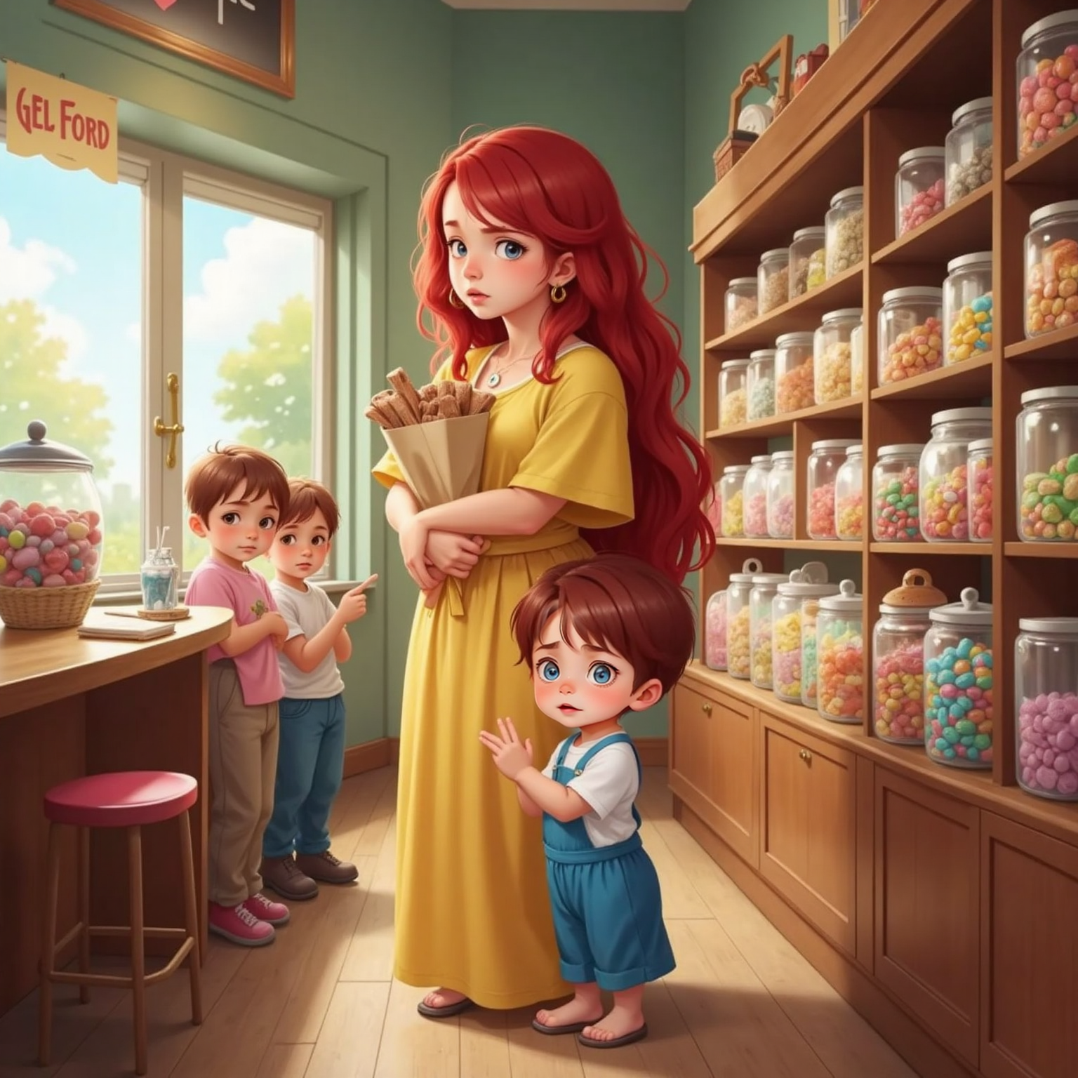 Inside a brightly lit candy shop, Ariel clutches a paper bag while two sneering kids point at her red hair near glass jars; John Jr frowns, wrapping his small arms around her waist in a comforting hug among rainbow sweets.