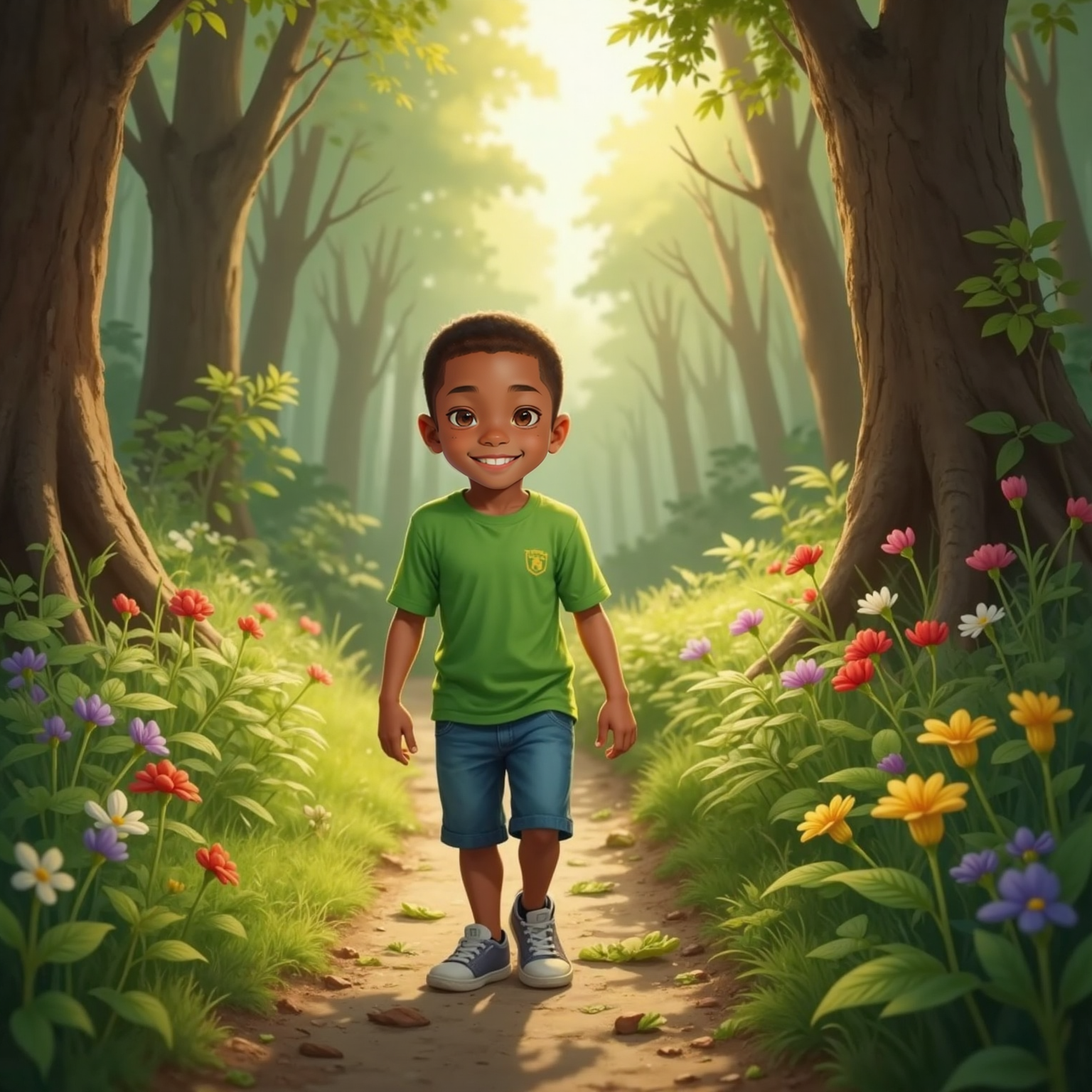 Shaded forest path at mid-morning; Kylie-Joshua tiptoes past ferns and pines, eyes fixed on a sunlit trail of bright wildflowers wavering in the playful breeze around his feet.