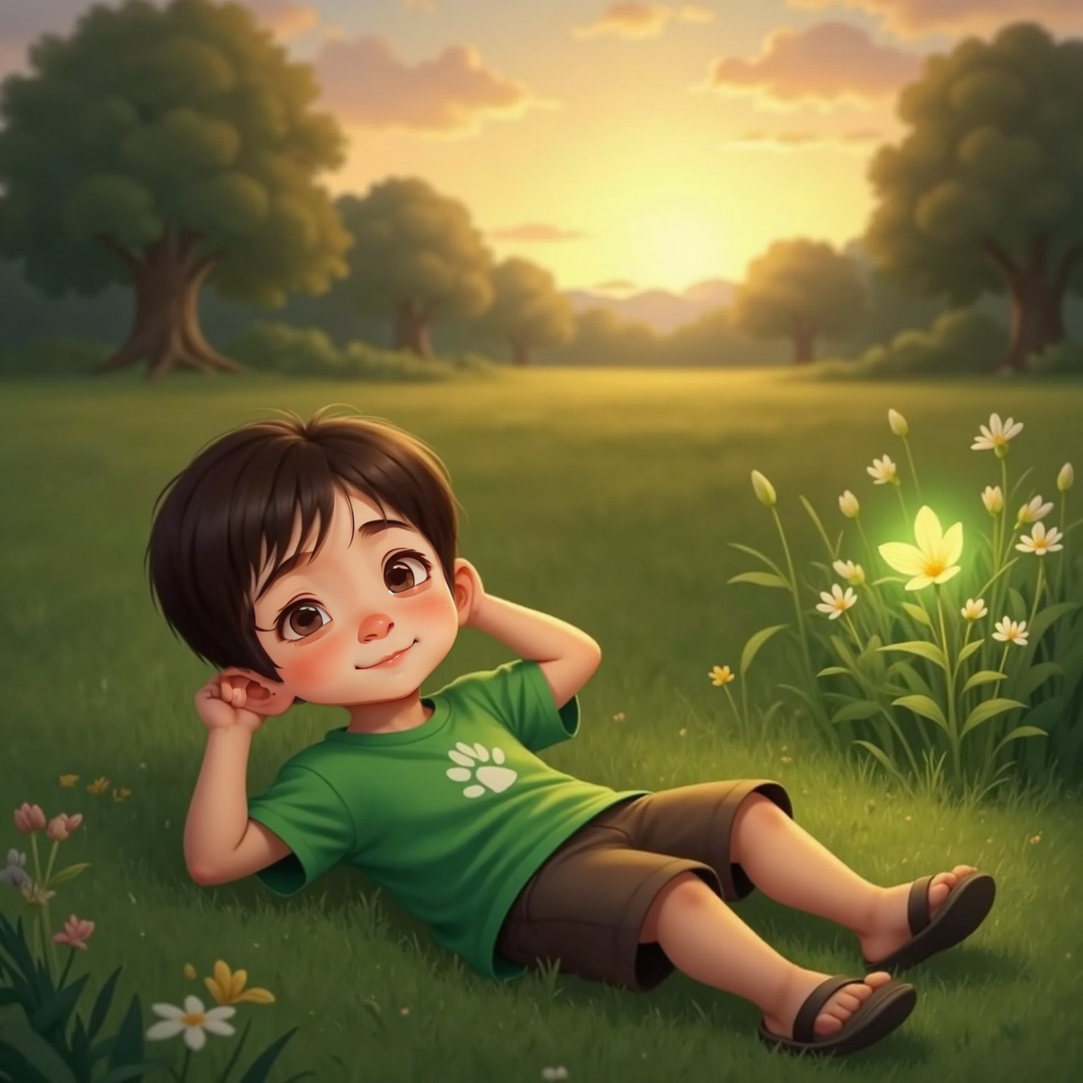 In the quiet meadow at dusk, Dino lies sprawled on soft grass with a peaceful smile, hands behind his head. A gentle green glow hovers nearby, and fading amber light of sunset bathes the scene in calm warmth.