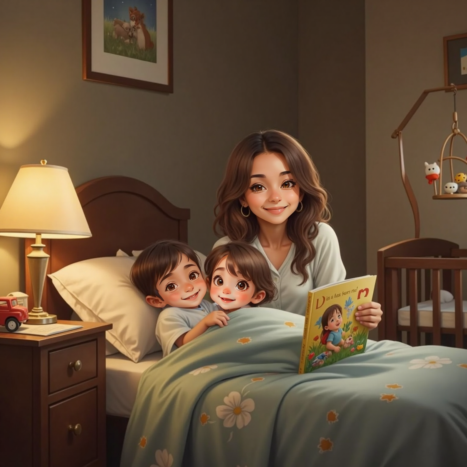 Dimly lit bedroom night, bedside lamp casting warm glow. Mamá sits at the headboard holding an open picture book while Sebas whispers to Maria Paz, who kisses his cheek, both snuggled under a quilt.