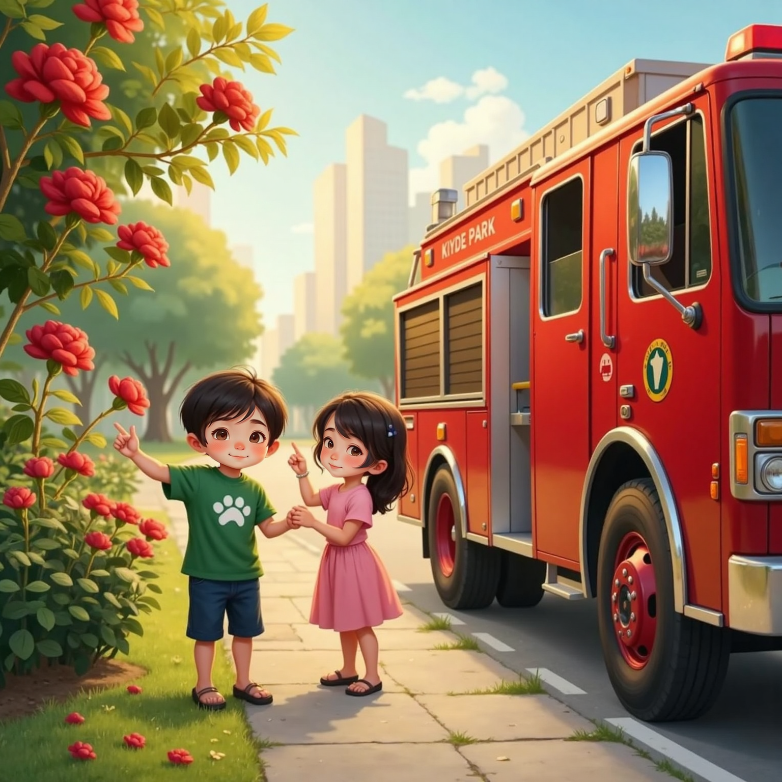 At the city park’s edge near a quiet pathway, a gleaming fire truck idles beside a blooming rose bush. Dino points excitedly at the truck while Aya gently touches a single red rose; golden afternoon sunlight highlights both crimson subjects.