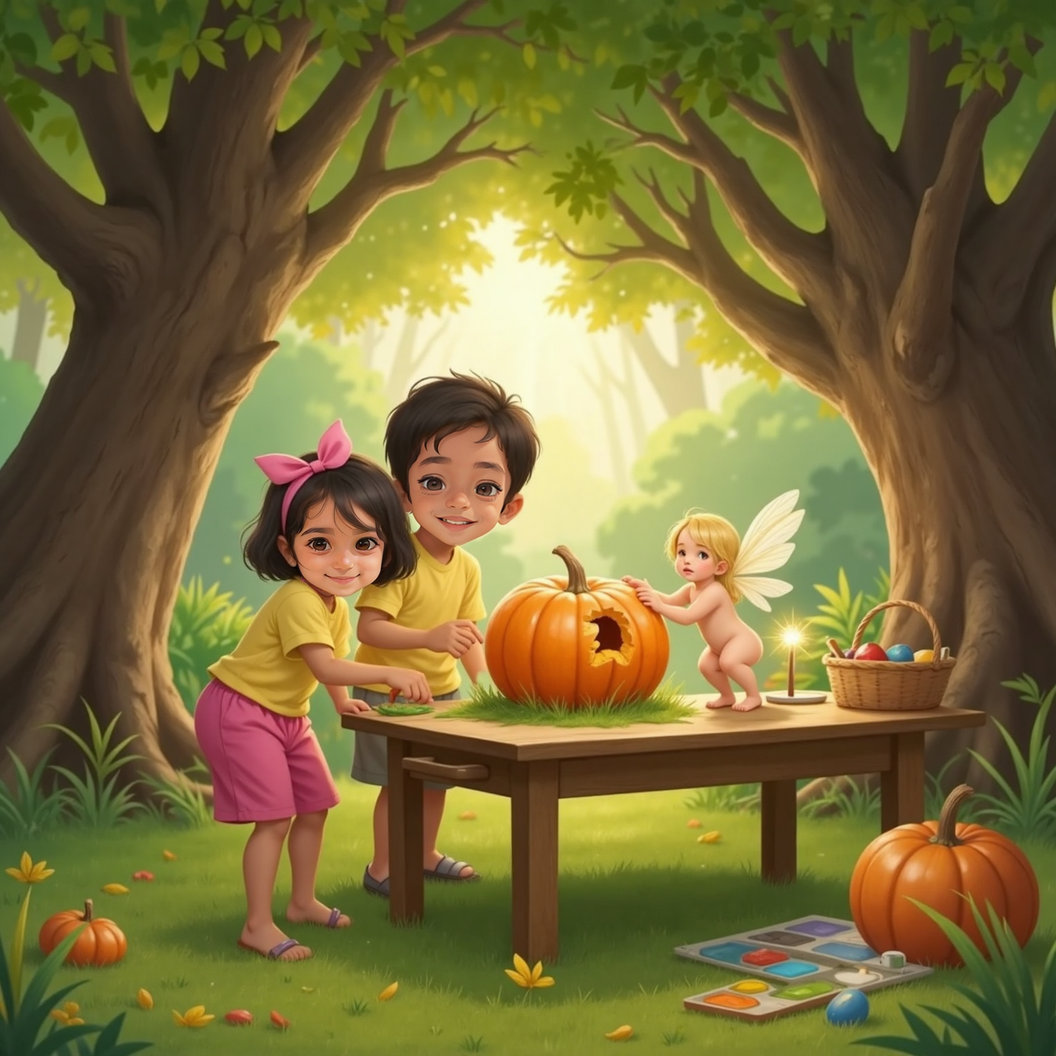 Outside near a long painting table shaded by afternoon trees, Sara and Vidyut carefully wipe grass from the dented pumpkin while a small forest sprite holding a sparkly wand steadies it, sunlight dappling their focused faces.