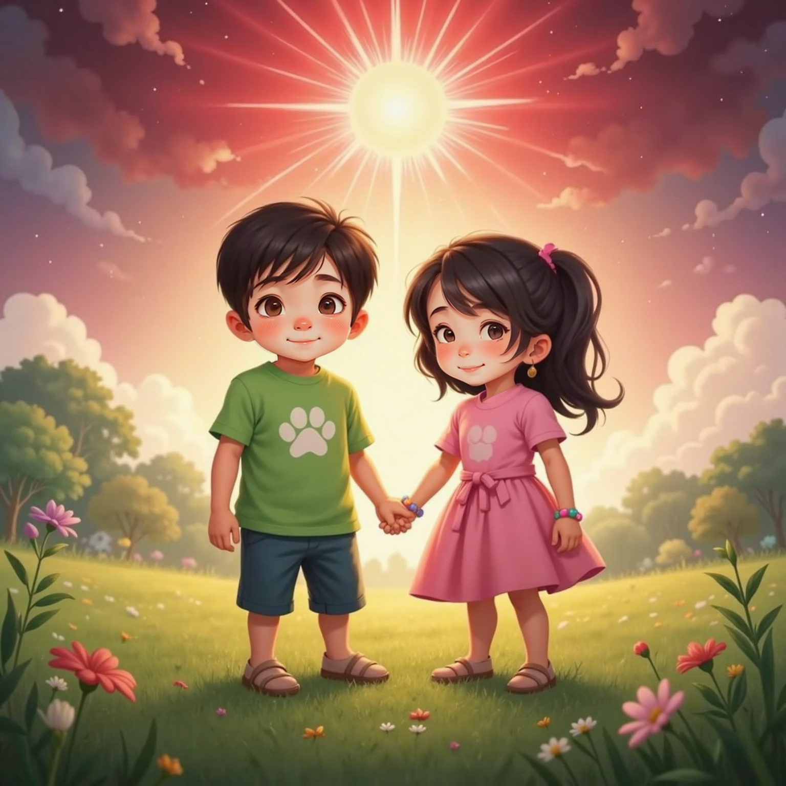 Back in the meadow, a shimmering red aura floats above Aya and Dino, bathing them in ruby light. The children stand close, faces uplifted and confident, as twilight’s first rays mingle with the brave color’s glowing radiance.