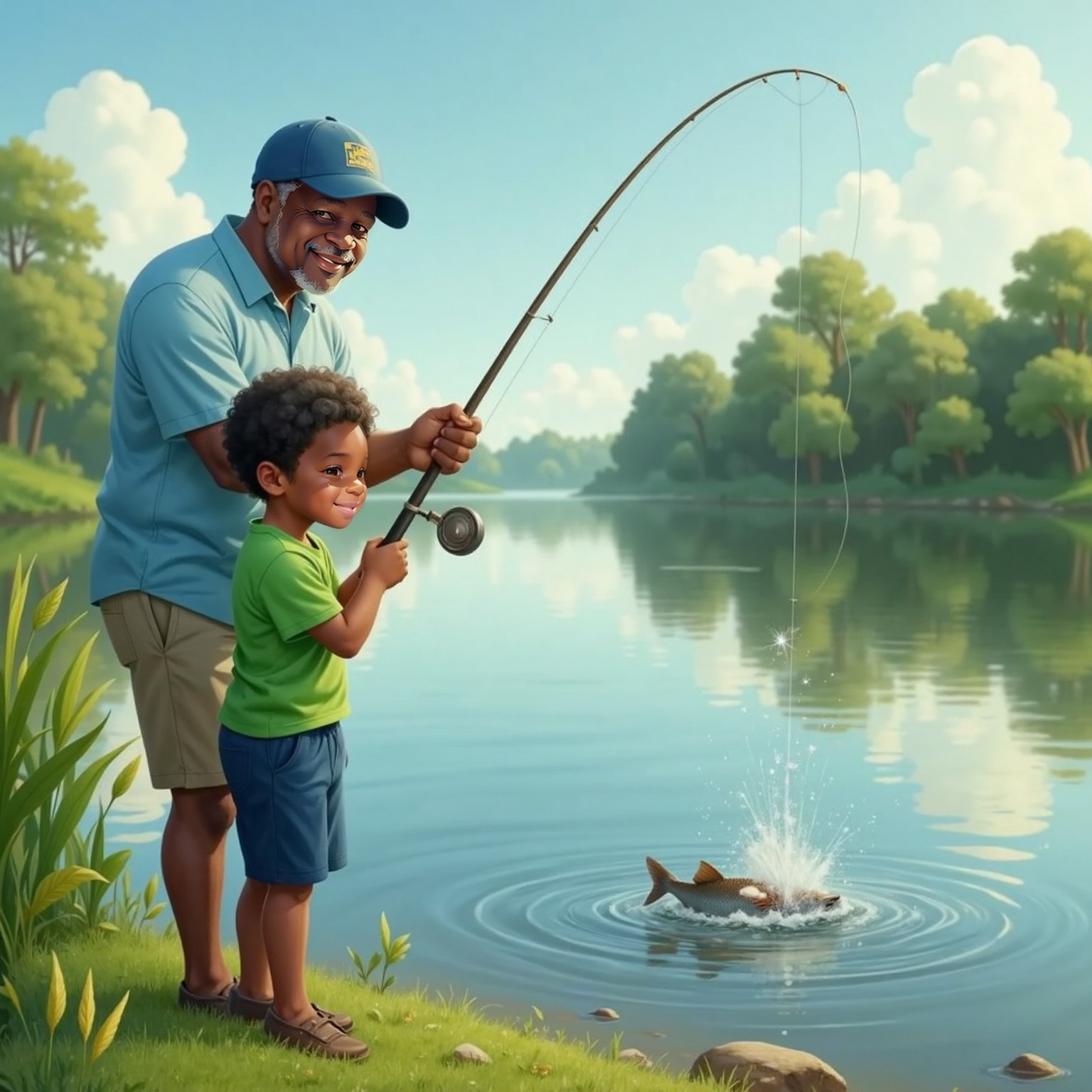 Midday sun glints off the lake as Poppi and Amias strain together on the rod. A tiny silvery fish bursts above water, droplets sparkling while Amias grins triumphantly.