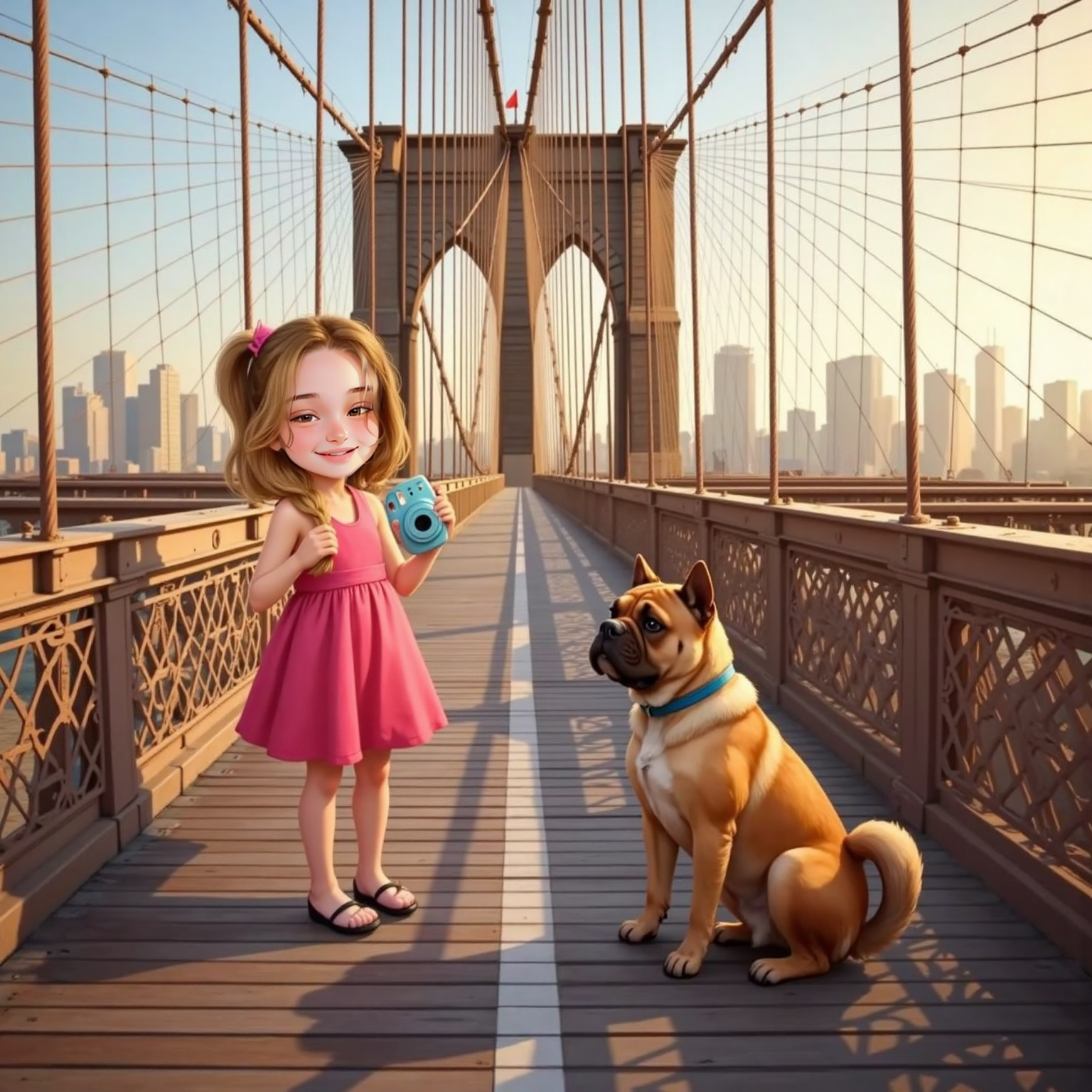 Late afternoon sunlight gilds the Brooklyn Bridge walkway. Gyovanna leans against the railing, camera ready, while Paçoca sits poised on wooden planks like a runway model, skyline skyscrapers shimmering behind thin fluttering bridge cables.