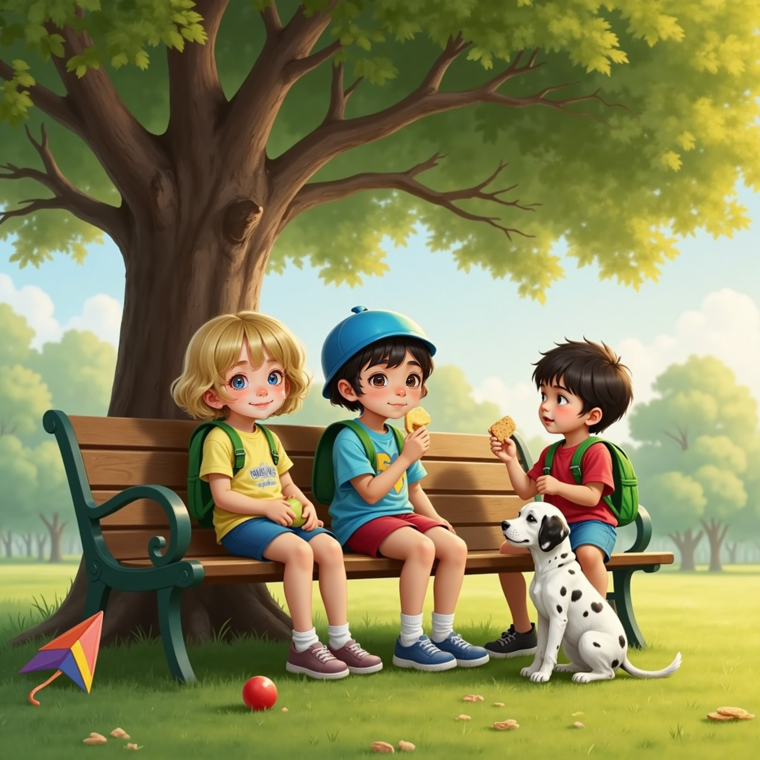 On a shaded park bench beneath leafy branches, Ella munches an apple slice, cheeks puffed, while Amir offers a cracker with an inviting smile; Pongo sits at their feet, ears perked, watching fallen crumbs.