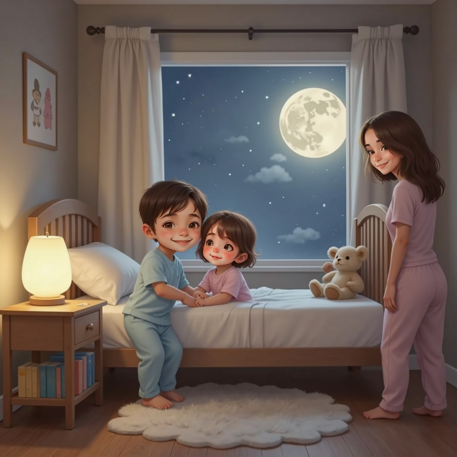 En un cuarto de niños donde se ve la luna llena por la ventana, Sebas le da un beso a maria paz, ella ya está durmiendo y su mamá los mira con cariño, también hay una lámpara de Lina con luz tenue
