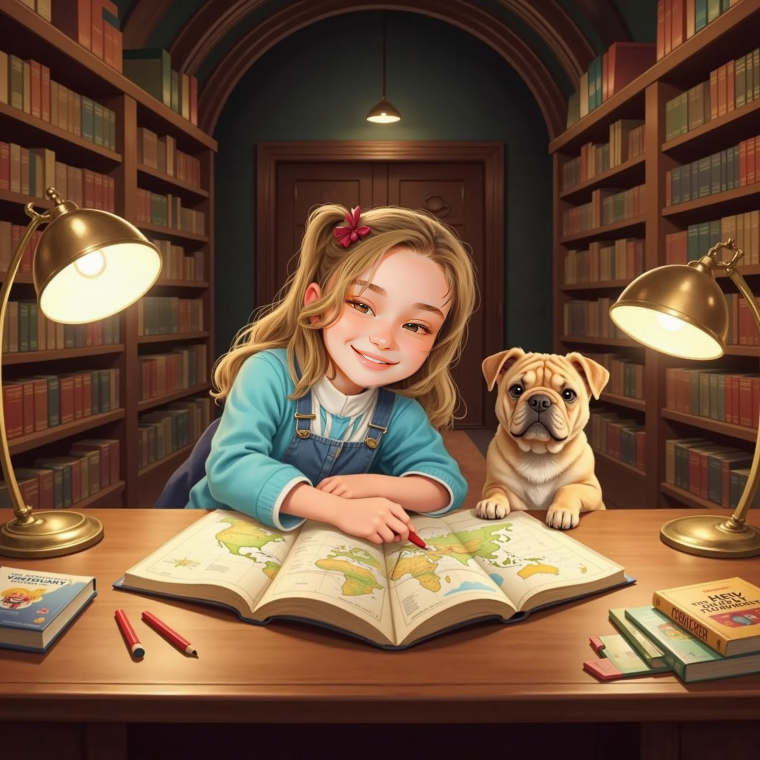 Inside the marble hall of the New York Public Library, warm desk lamps spotlight a wooden reading table. Gyovanna traces routes in an atlas while Paçoca carefully turns a page with one paw, colored pencils scattered nearby.