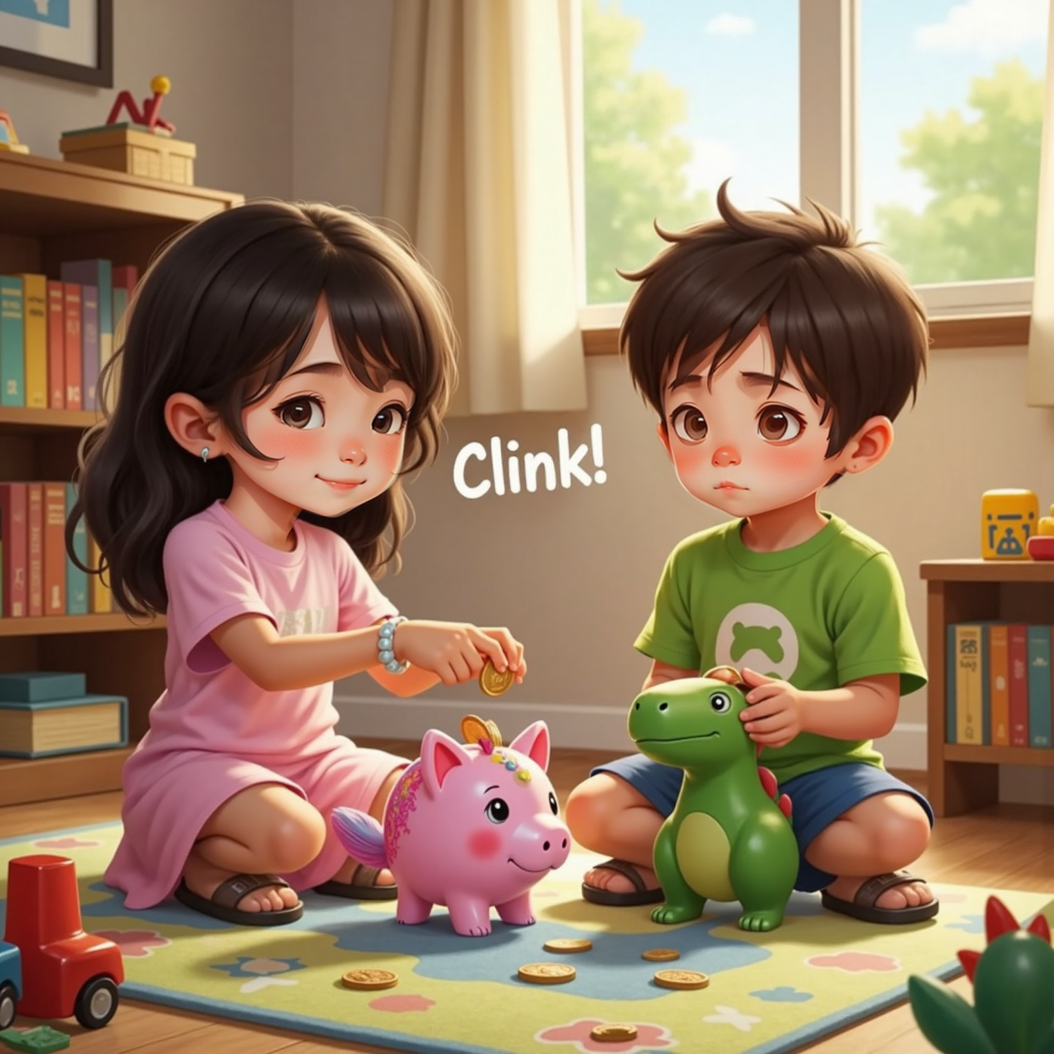 Aya and Dino sitting on the floor, dropping shiny coins into piggy banks. Onomatopoeia “Clink!” above.