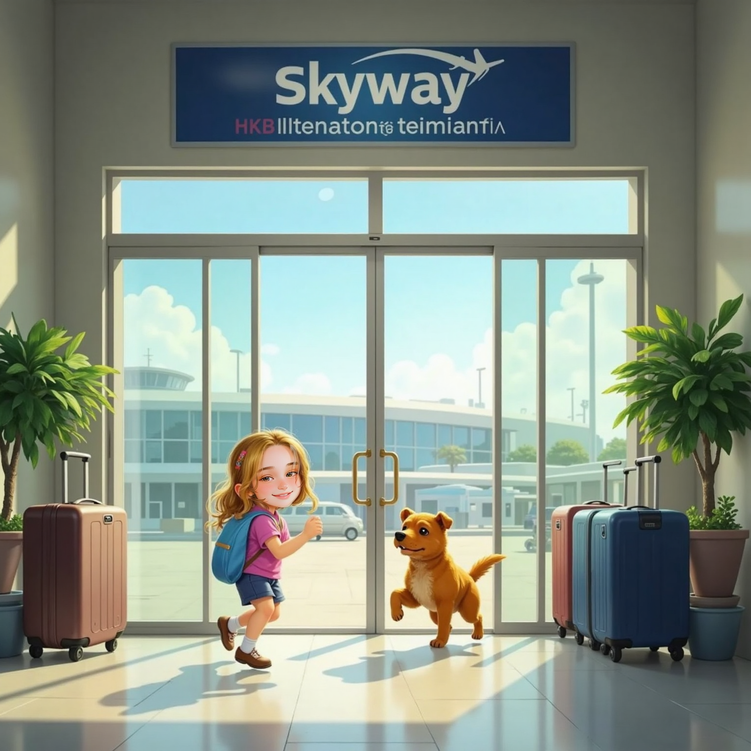 Bright daylight bathes the airport entrance. Gyovanna sprints toward the sliding glass doors with a closed blue backpack, while Paçoca trots beside her, tail wagging and mouth open in a joyful pant.