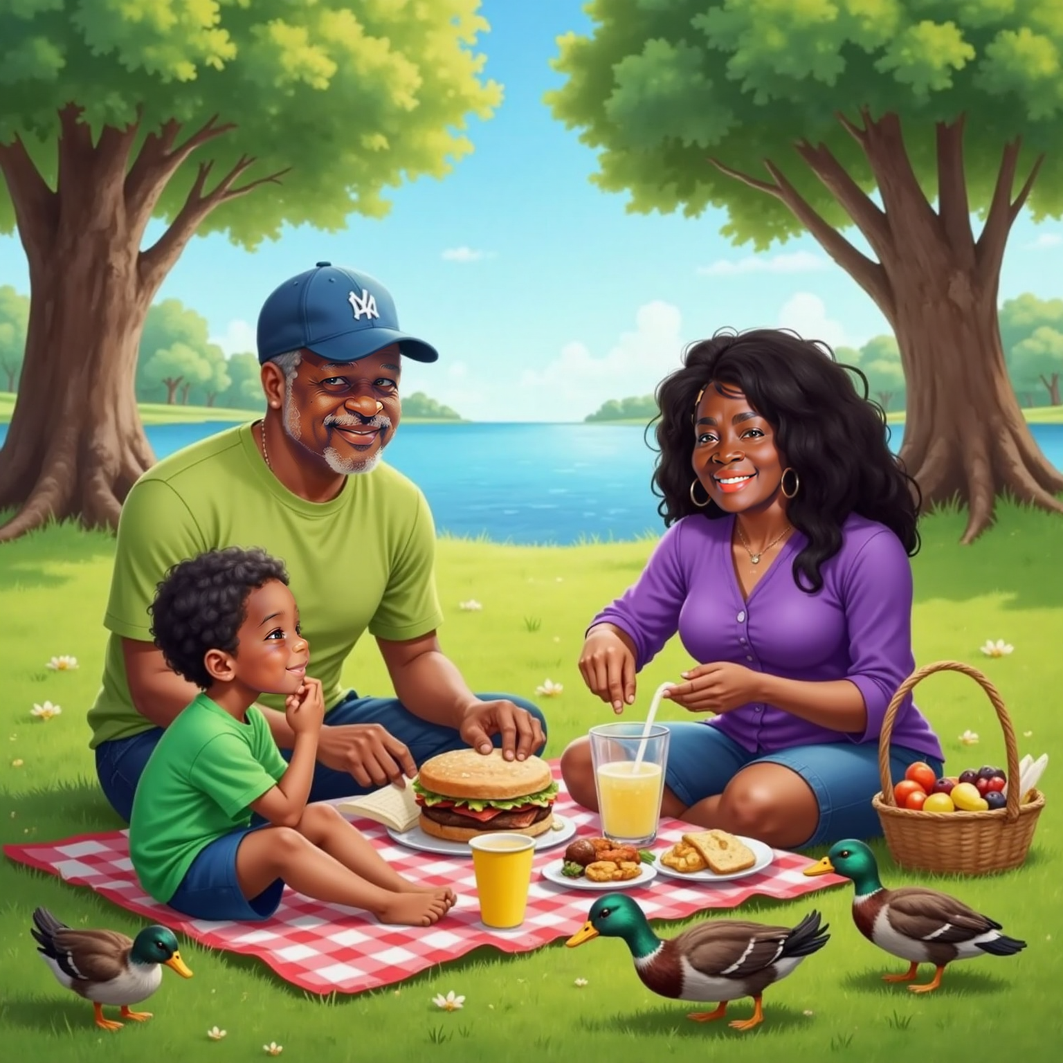 On the picnic blanket under high sun, Amias munches a peanut-butter sandwich, fingers sticky. Poppi unwraps his own lunch while Grandma Puddin pours lemonade; hopeful ducks waddle near their shoes.