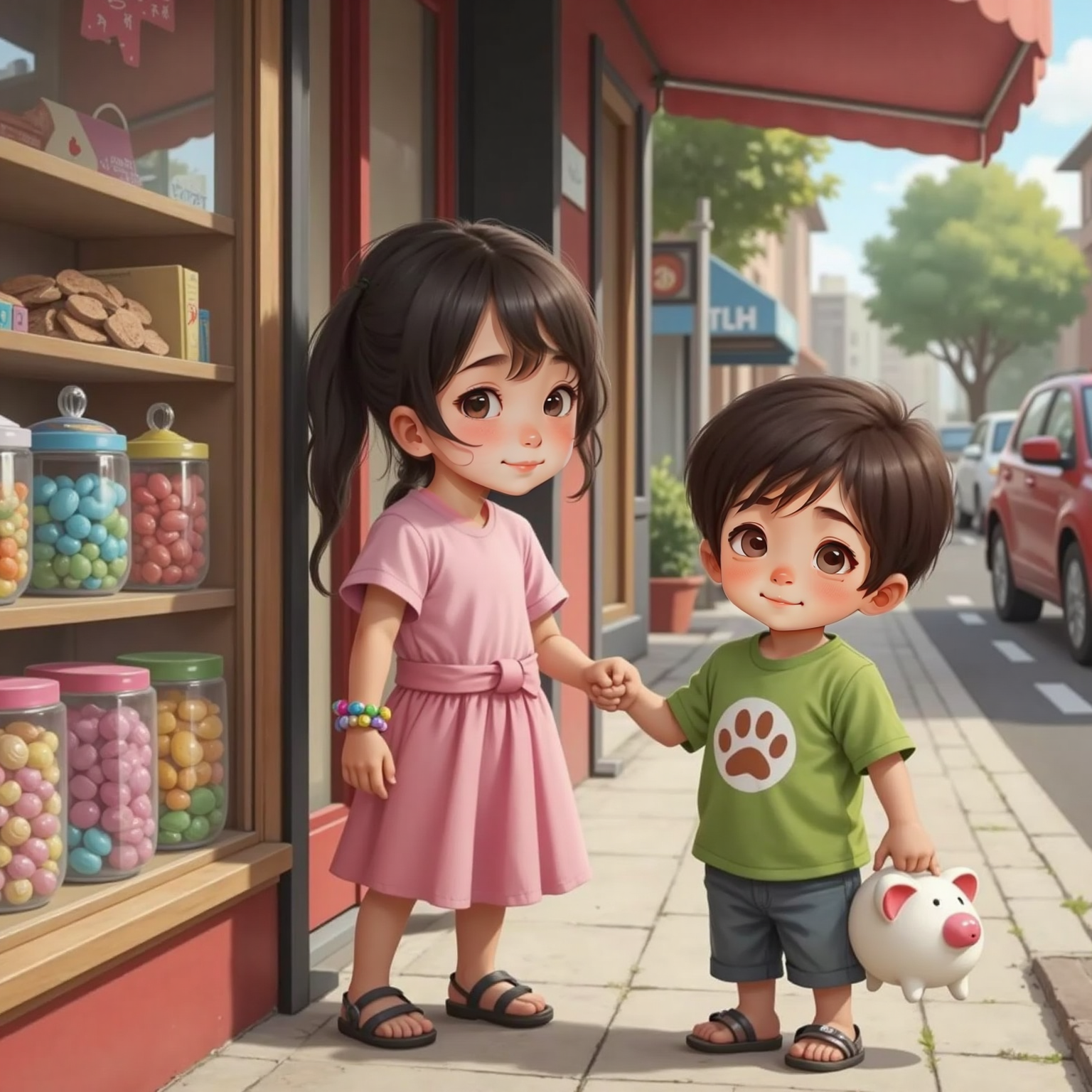 Aya looking at candy behind a shop window, Dino gently pulling her hand while holding his piggy