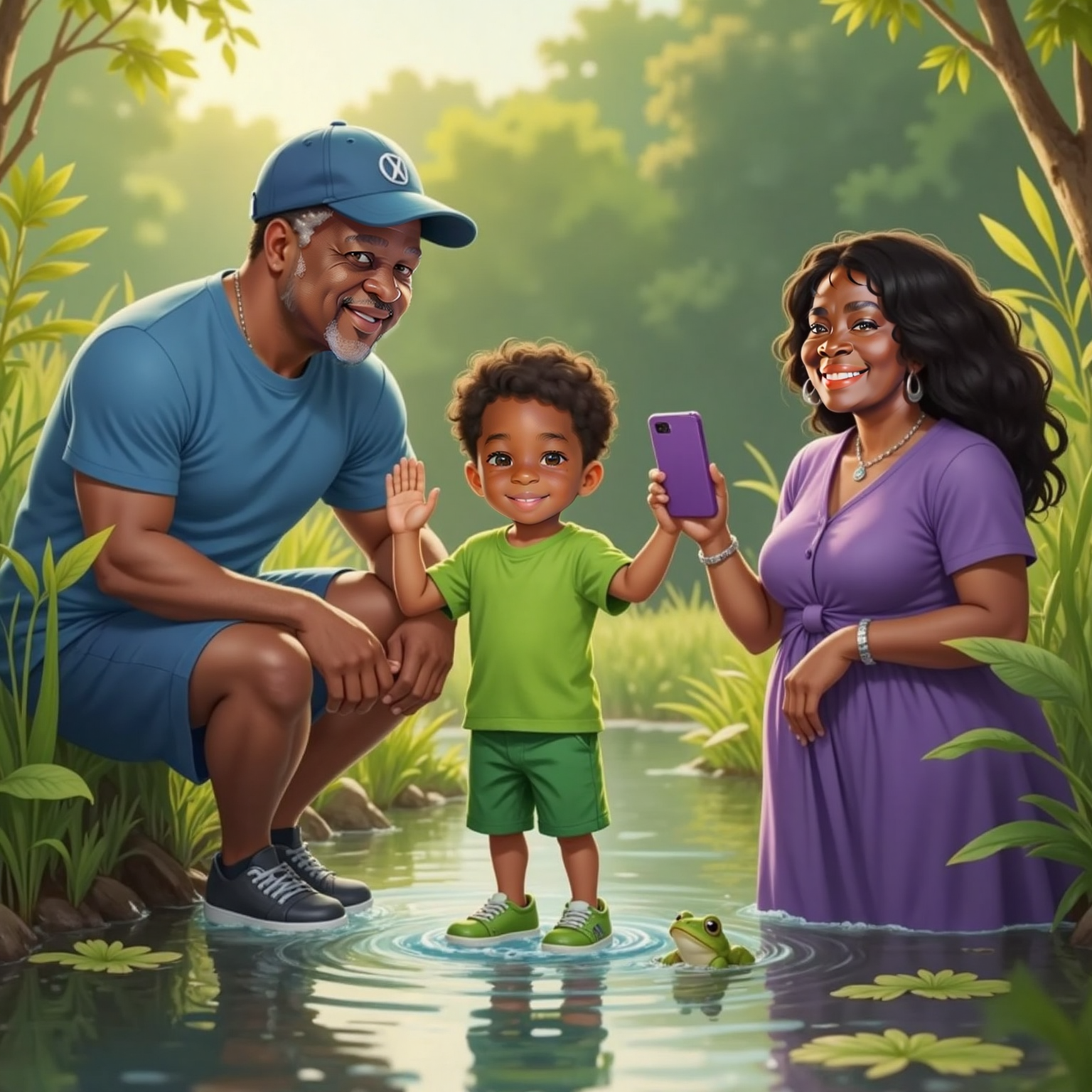 In late-day light by the reeds, a green frog lands near Amias’s sneakers with a splash. Amias waves delightedly while Poppi laughs and Grandma Puddin raises her phone for another snapshot.