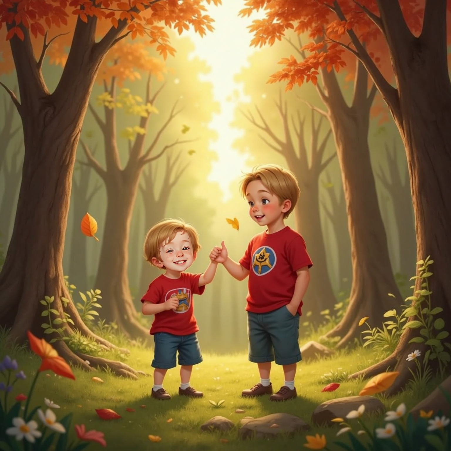 Inside a breezy afternoon forest, tall trunks sway; Bode squeezes Daddy’s hand in a shaft of sunlight, wide-eyed yet smiling, while Daddy gently waves with the other hand toward rustling leaves; scattered leaves swirl playfully around them.