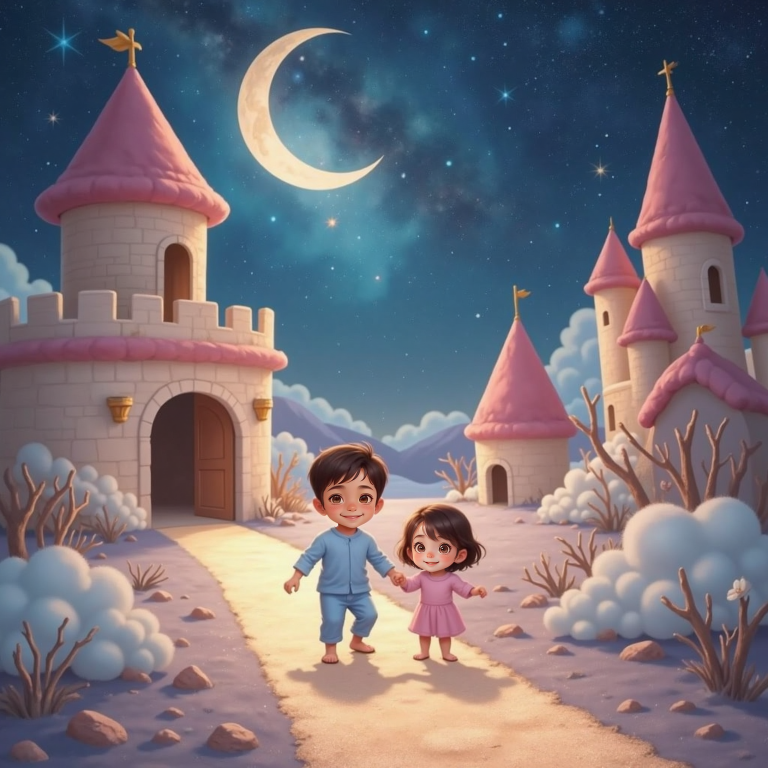 Dream landscape of sprawling cushion castles under a star-filled sky. Sebas races along a glowing track guiding giggling Maria Paz by the hand, their silhouettes bathed in soft, surreal moonlight.